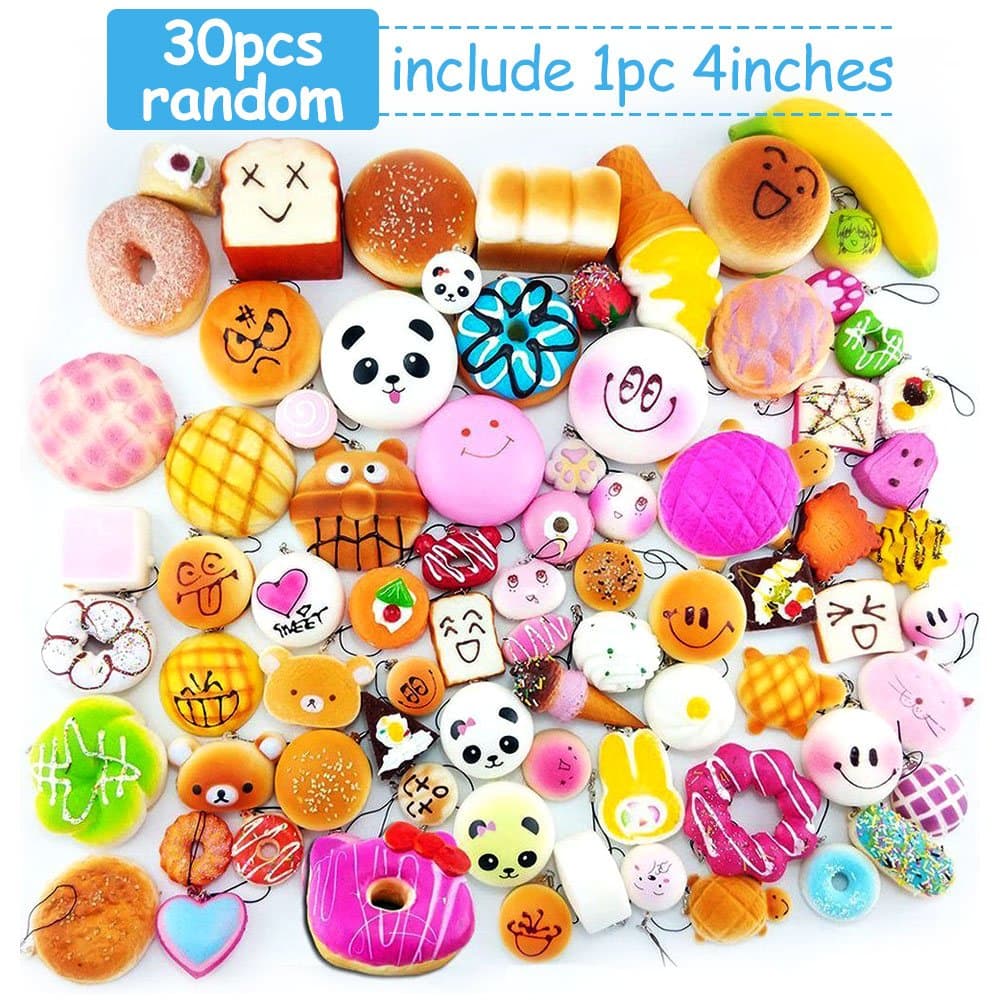 FLY2SKY 30pcs Squishies Slow Rising Jumbo/Medium/Mini Squishies Fruit/Cake/Panda/Bun/Animal Squishies Food Donuts with Phone Straps Stress Relief Toys Randomly (30 pcs squishies)