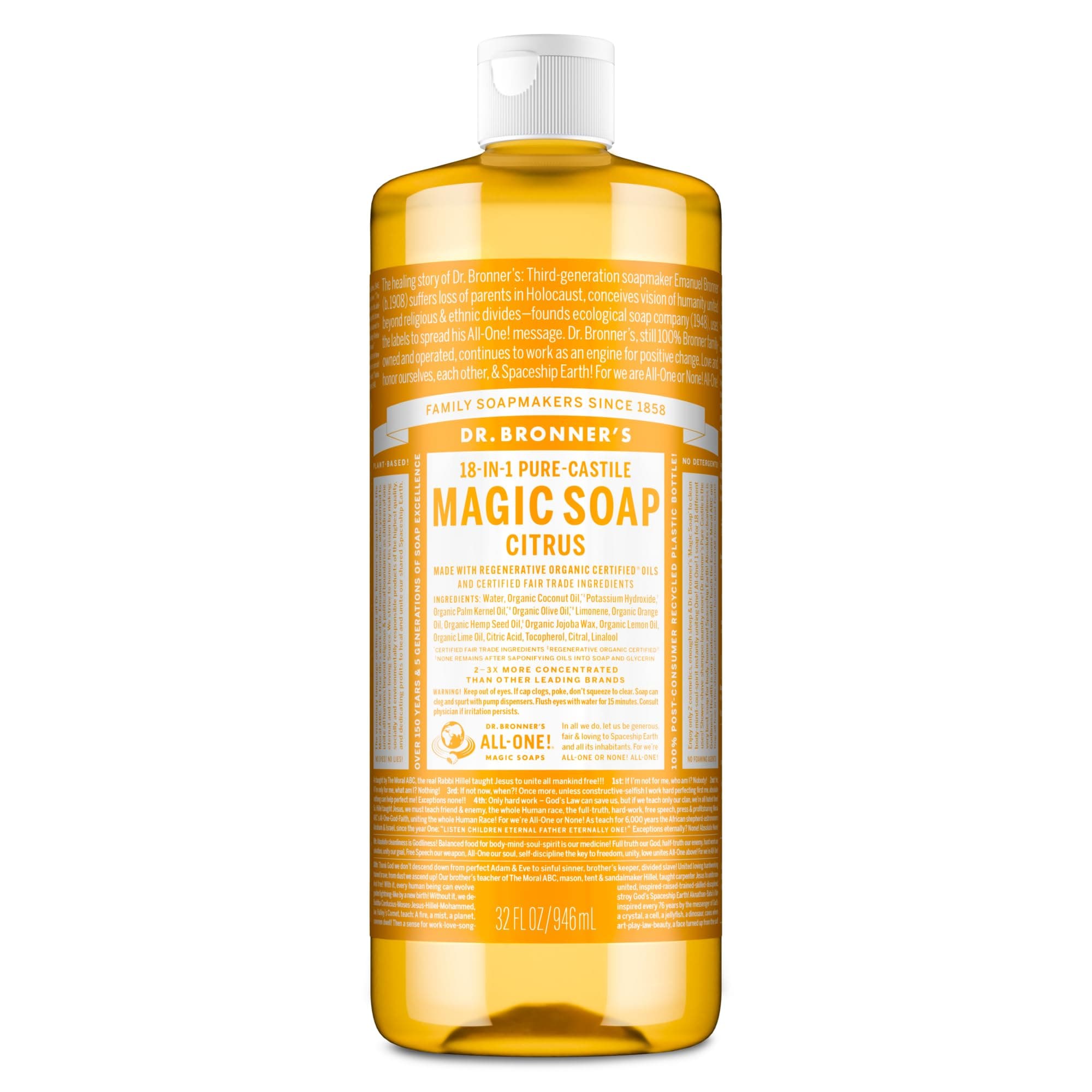 Dr. Bronner's Pure-Castile Magic Soap Liquid (Citrus, 32 Ounce - Made with Regenerative Organic Certified Oils, 18-in-1 Uses: Face, Body, Hair, Laundry, Pets and Dishes, Concentrated, Vegan, Non-GMO