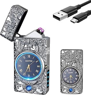 Plasma Lighter, USB Rechargeable, YOZWOO Electronic Lighter with Clock Fashion Eagle Totem Dual Arc Lighter with LED Lighting, Flameless Windproof Electric Lighter (Silver)