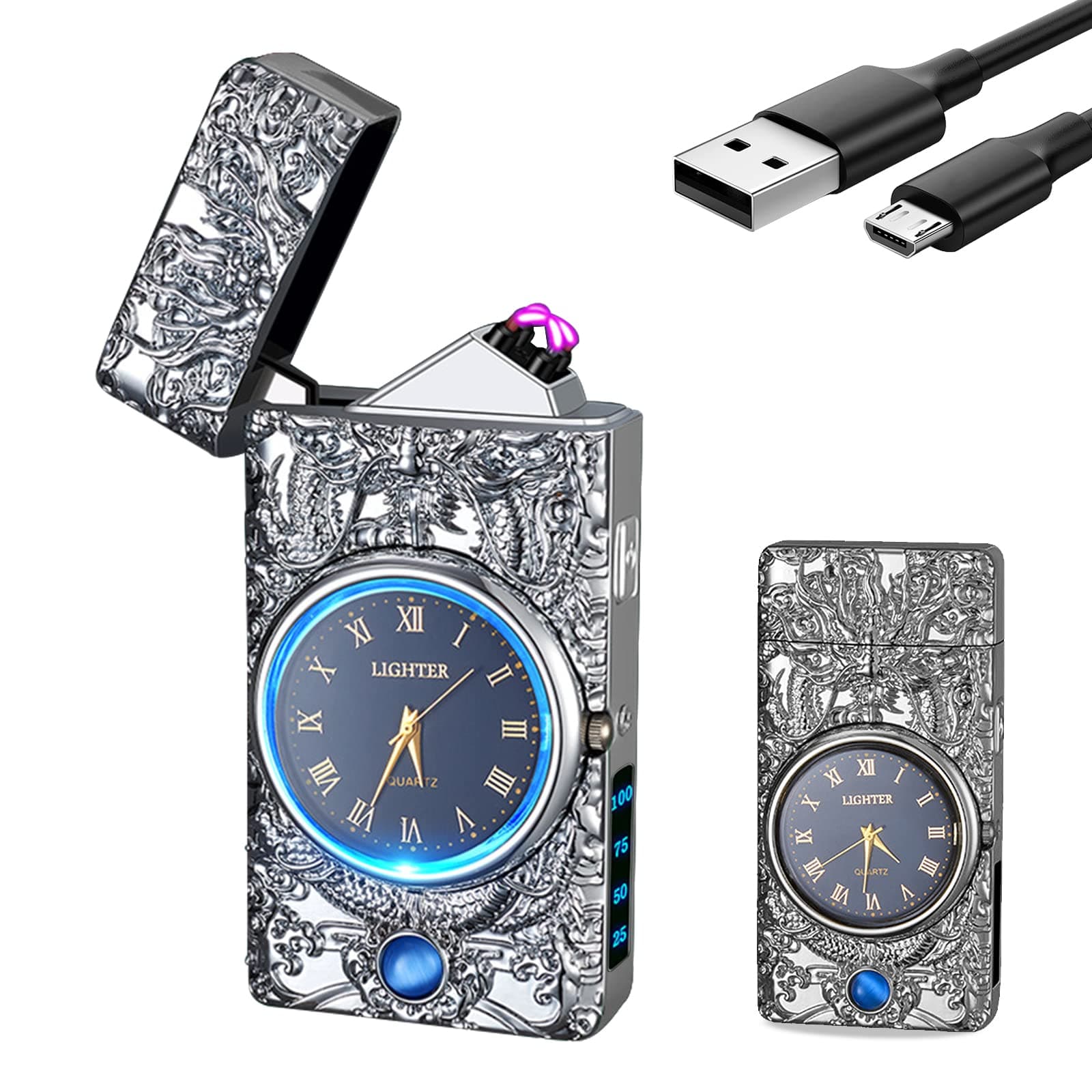 Plasma Lighter, USB Rechargeable, YOZWOO Electronic Lighter with Clock Fashion Eagle Totem Dual Arc Lighter with LED Lighting, Flameless Windproof Electric Lighter (Silver)