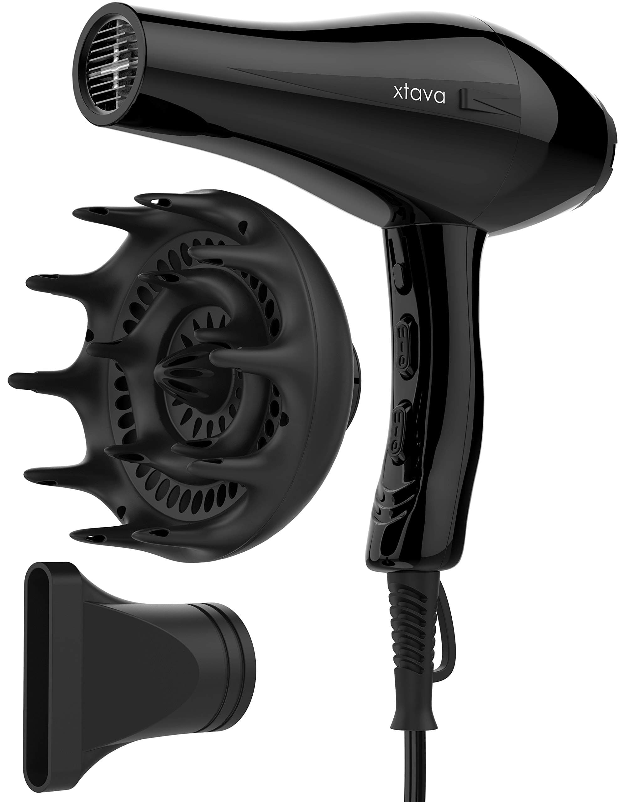 Xtava Pro Hair Dryer with Diffuser - Salon Grade Professional 1875 Watt Blow Dryer for Hair Styling - Frizz Control Volumizer Blowdryer with Concentrator Nozzle Attachment and Cool Shot Button - Black