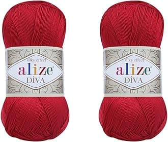 Diva Hand Knitting Yarn - 100% Microfiber Acrylic With Silk Effect - Crochet Art Lace Craft - 2 Skeins, 200gr, 767 Yds (106-Red)