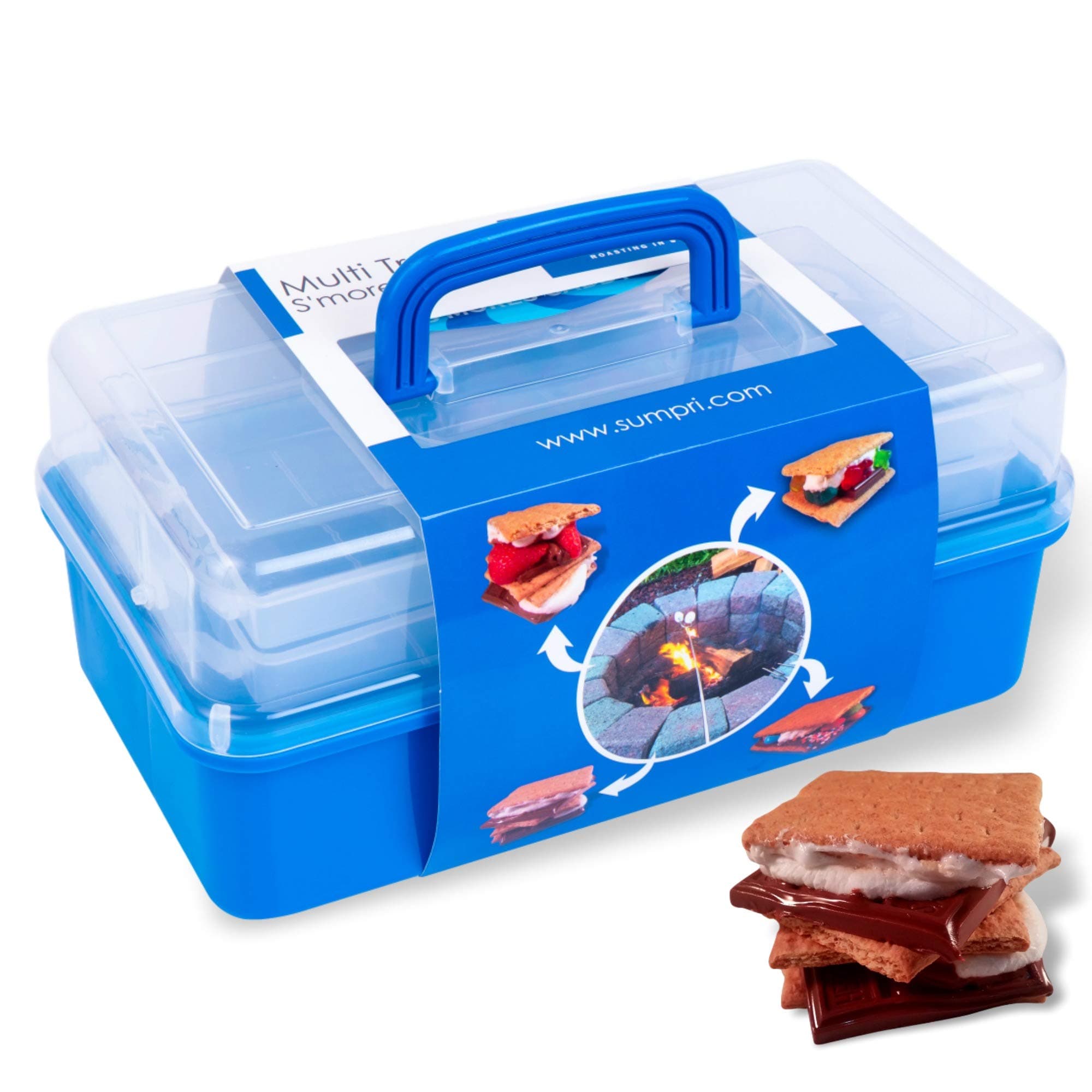 SUMPRI Smores Caddy -TWO FOLDING TRAYS Smore storage Box (Does NOT Include Skewers) Keeps Your Marshmallow Roasting Sticks,Crackers,Chocolate Bars Organized -Campfire,Fire Pit accessories Kit (Blue)