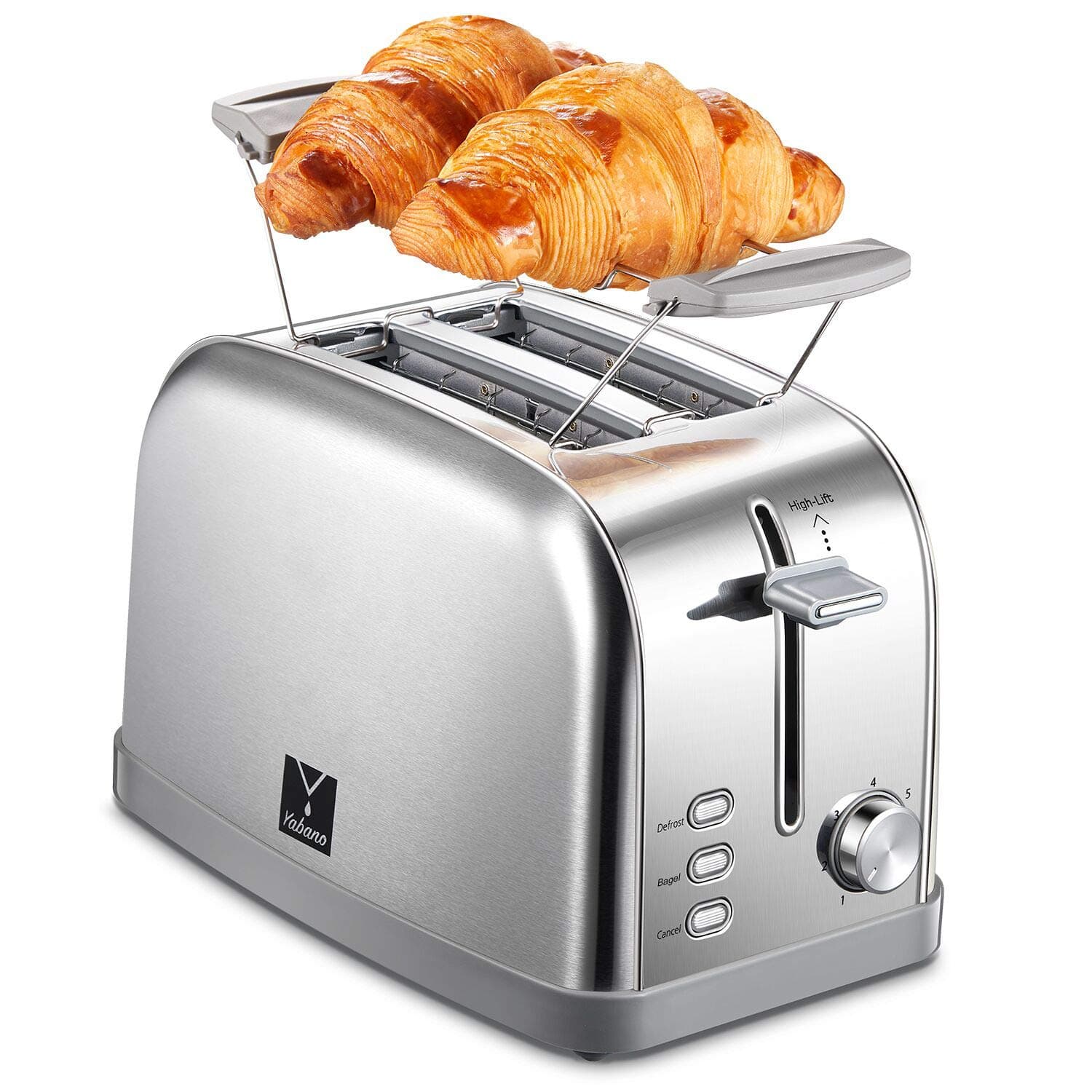 Yabano Retro Bagel Toaster - 2 Slice, 2 Extra Wide Slots, 7 Shade Settings, Defrost/Bagel/Cancel, Removable Crumb Tray, Stainless Steel, Silver