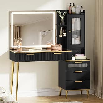 47.24" Big Modern Vanity Desk with Mirror and Lights, Vanity Desk with 29.53" HD Lighted Mirror, Makeup Vanity with 5 Drawers and Storage Shelves and Charging Station, Black2