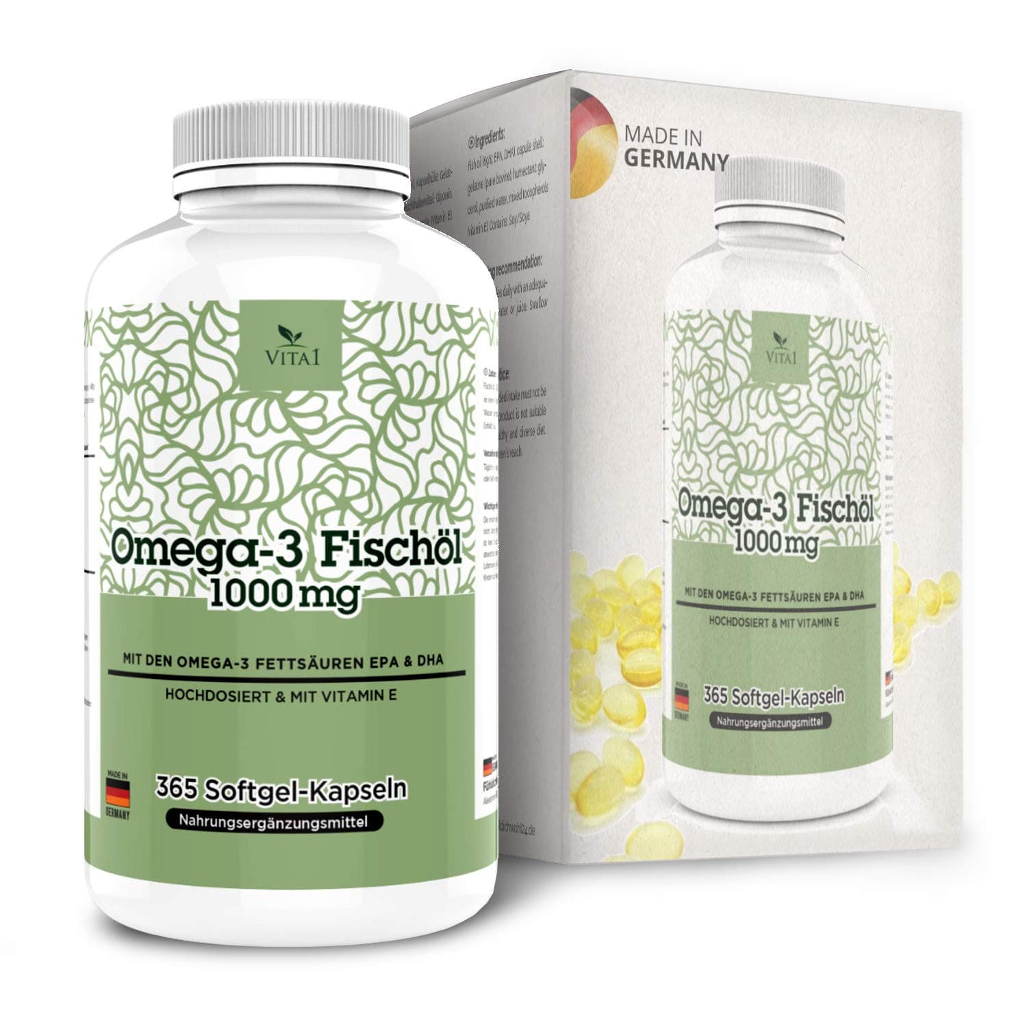 Omega-3 Fishoil 365 Capsules • with Vitamin E Highly dosed (1000 mg per Capsule) • EPA DHA Softgels • Made in Germany