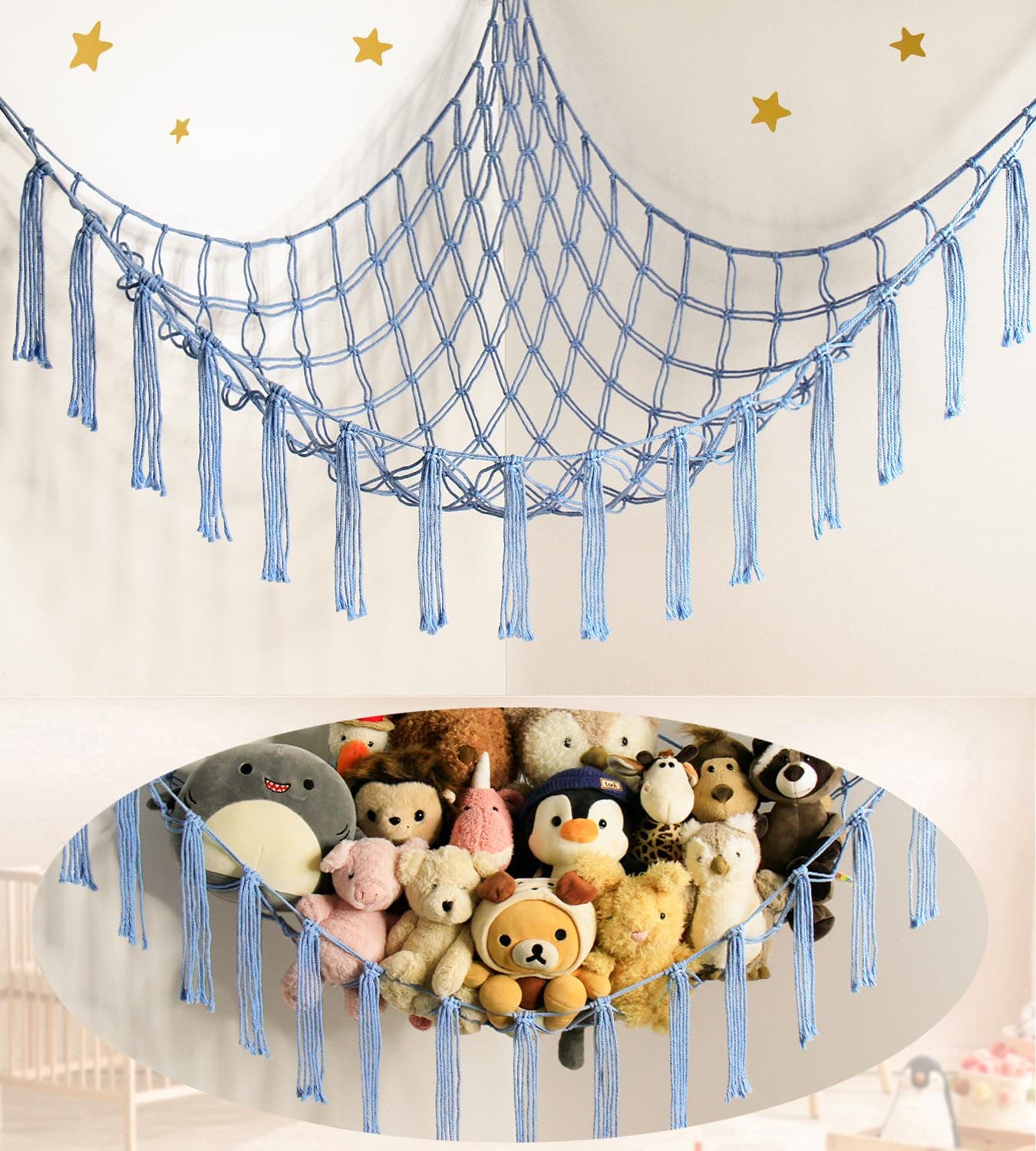 Stuffed Animal Storage Hammock Net - Toy Hammock Net for Stuffed Animals Corner - Hanging Stuff Animal Organizer Holder Large Size Baby Nursery Room Decor-Blue