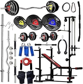 - 10KG -100KG Rubber Coated Weight Plates Combo with 20 IN 1 Home Gym Bench, 5Ft Plain and 3Ft Curl Barbell Rods (23mm), Pair of Steel Dumbbell Rod & Accessories (40, Kilograms)