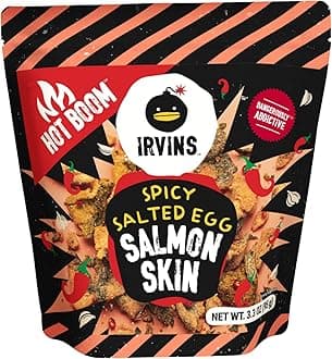 Hot Boom Spicy Salted Egg Salmon Skin Chips & Crisps – Premium Hand Cooked, Halal, Keto-Friendly, High Protein Snack, Dangerously Addictive, Real Salted Egg, Spicy, (3.3 oz, Pack of 6)