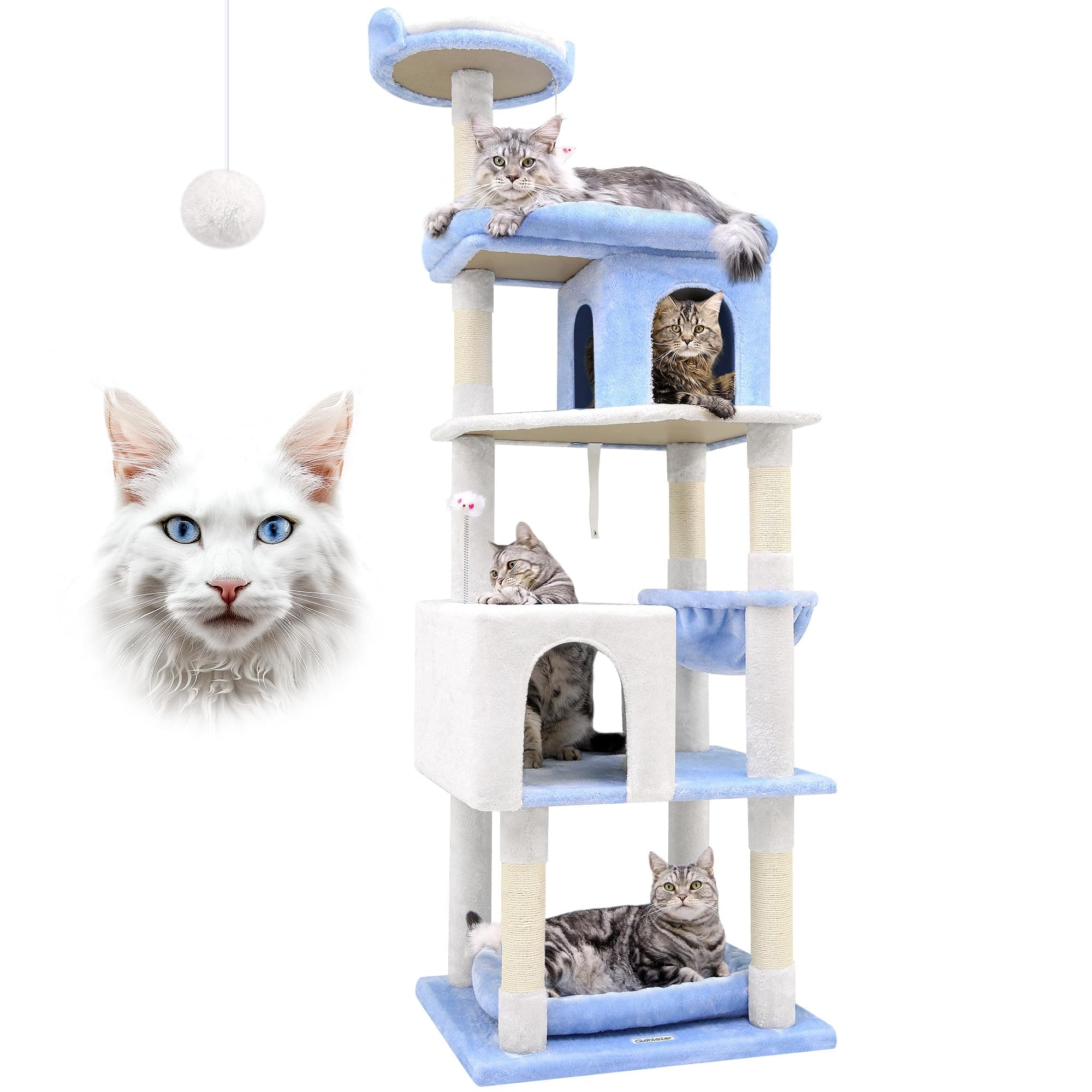 Globlazer Heavy Duty Cat Trees for Large Cats, Sturdy 72in Maine Coon Cat Tree for Large Cats 20 lbs+ Heavy Duty Cat Tower for Adult Biggest Cat with 6 Scratching Posts, Hammock, S72, Ocean Blue