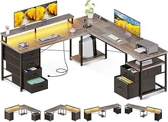 66" L Shaped Desk, 113" Computer Desk with File Cabinet & 4 Fabric Drawers, Home Office Desk with Monitor Shelf & Power Outlet, Two Person Desk or Corner Desk, Gaming Table with LED Light, Grey