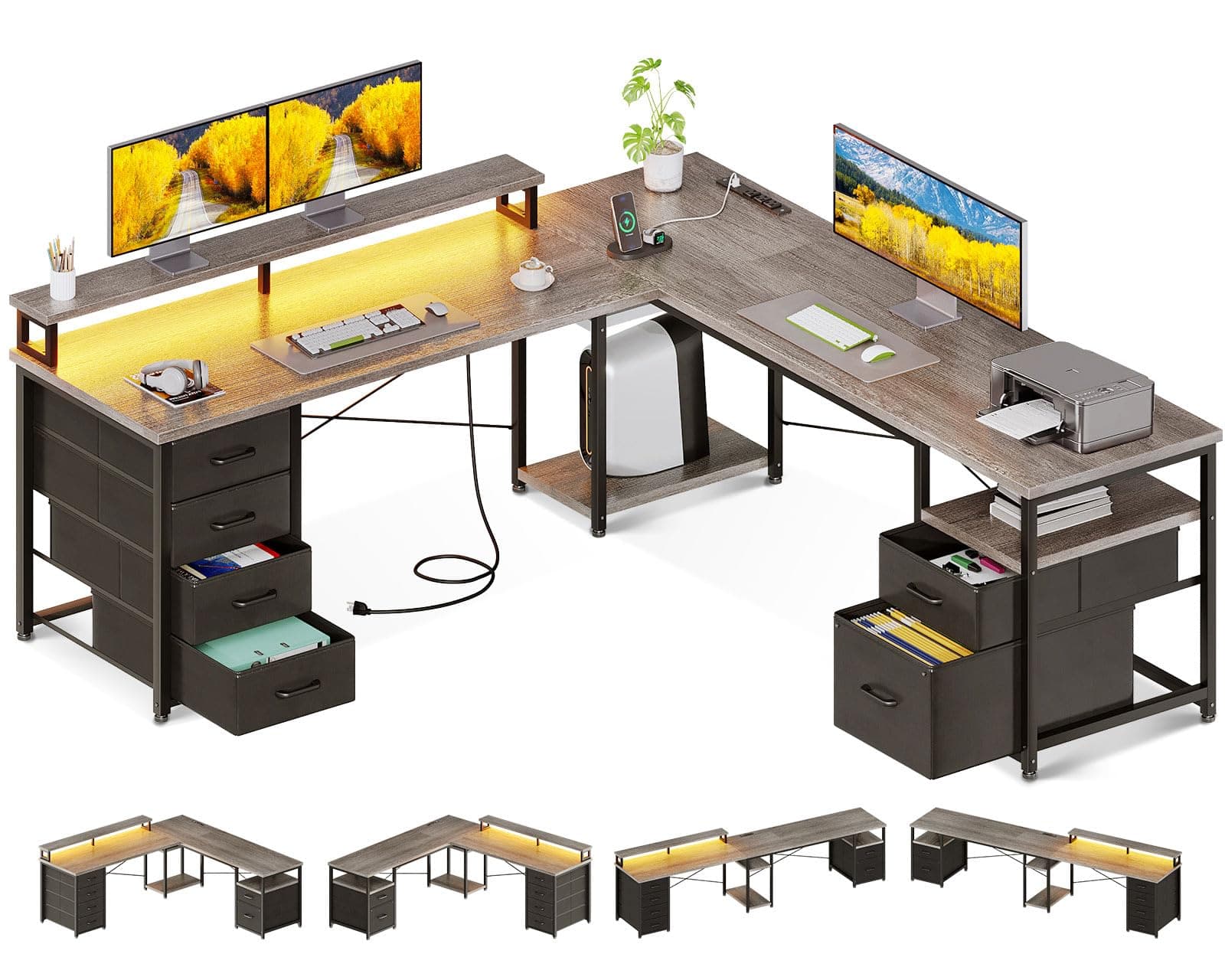 66" L Shaped Desk, 113" Computer Desk with File Cabinet & 4 Fabric Drawers, Home Office Desk with Monitor Shelf & Power Outlet, Two Person Desk or Corner Desk, Gaming Table with LED Light, Grey