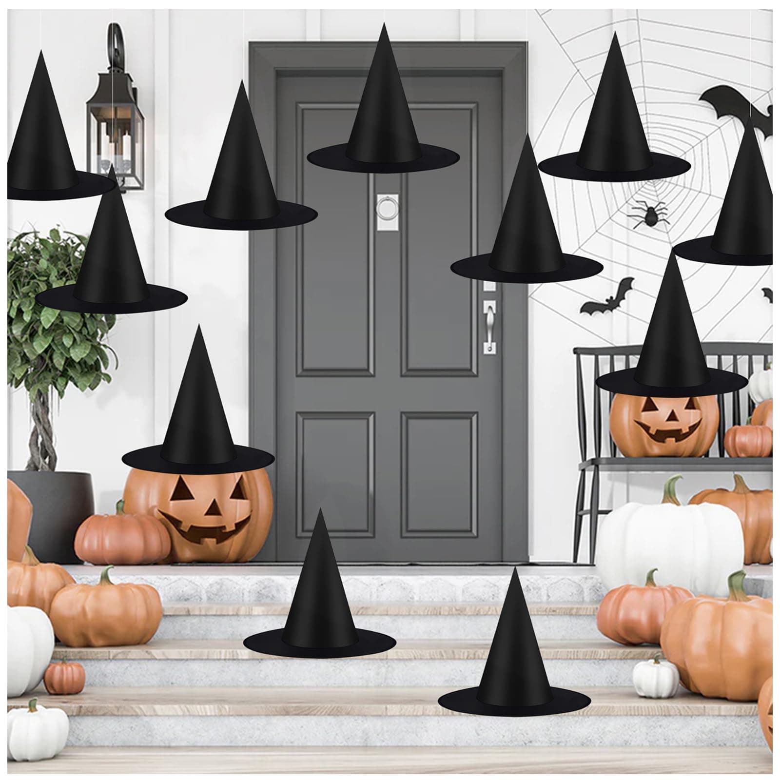 CESOF 12 PCS Halloween Decorations Witch Hat Costume Accessory, Thickened Hanging Black Wizard Hats Bulk for Women Kids with Rope Floating Porch Indoor Outdoor Hocus Pocus Decor Party Supplies