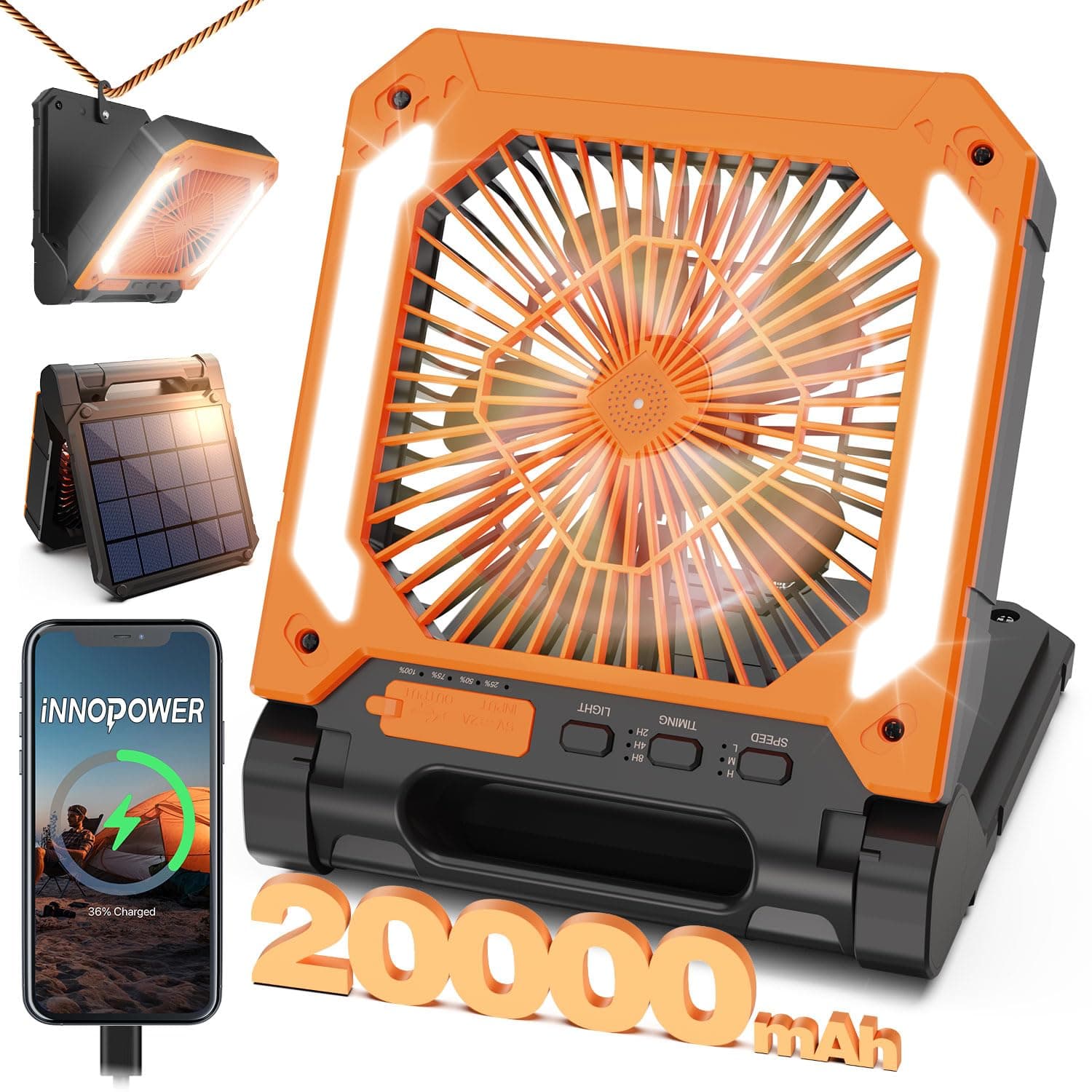 20000mAh Portable Fan Rechargeable with Solar Panel 2-in-1, 3 Speeds Cordless Battery Powered Fan with Led Lantern,Timer, Quiet USB-C Table Fan for Travel Tent Hurricane Office Home Bedroom (Orange)