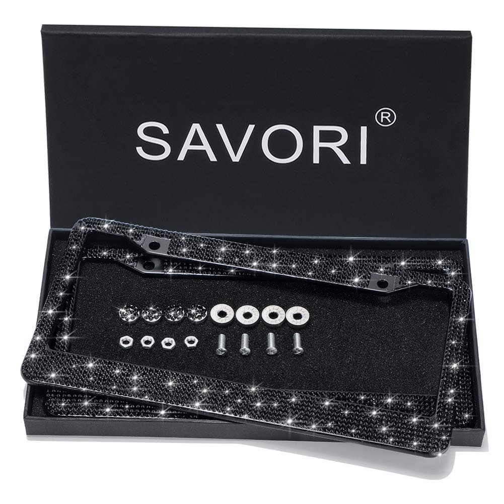 SAVORIDiamond Car License Plate Frame, 2 Pack Luxury Sparkly Bling White Rhinestone Car Stainless Steel Metal Frames with 4 Anti- Theft Screw Caps（Black）
