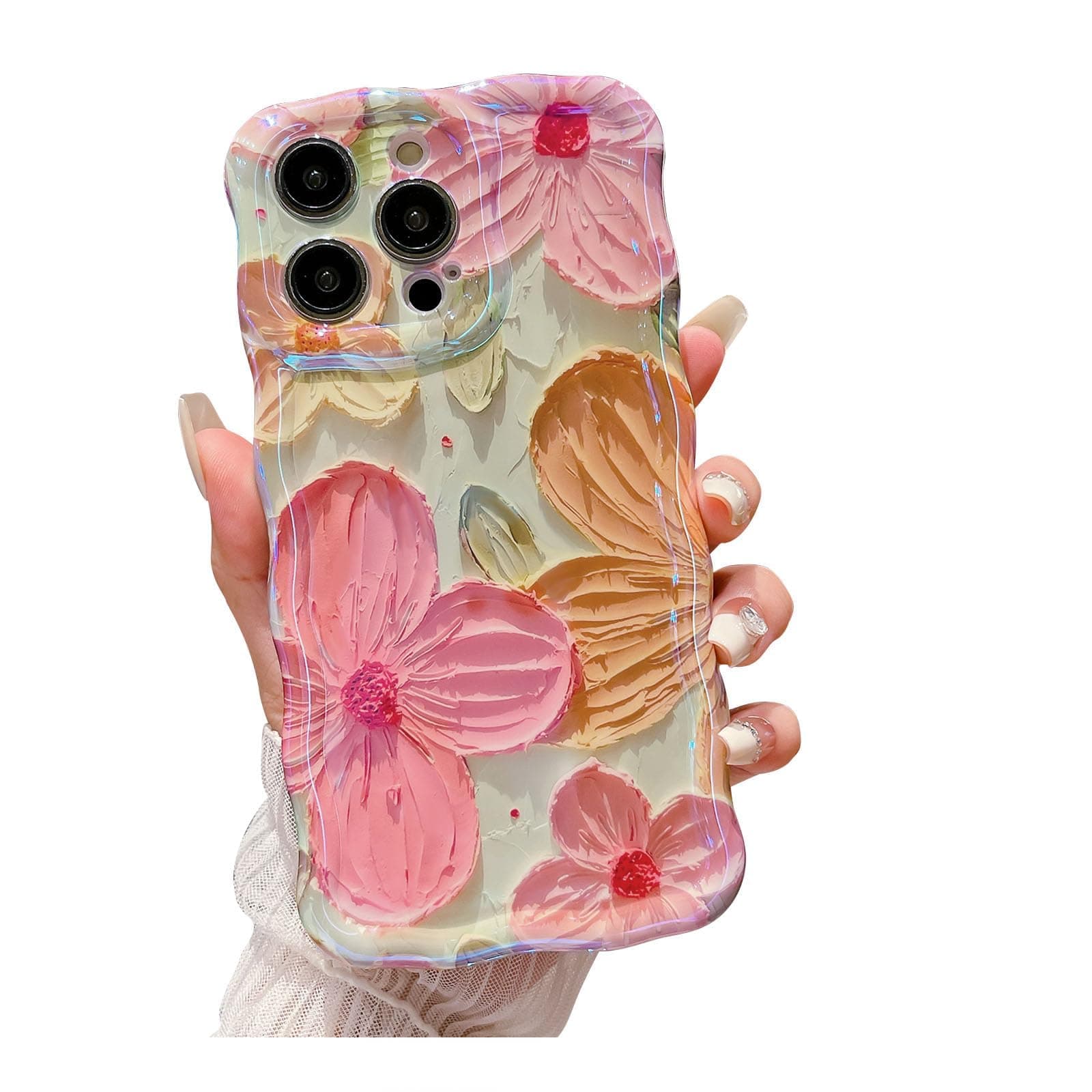 MAKINGTEC for iPhone 15 Pro Max Case, Colorful Retro Oil Painting Flower Cute Curly Wave Border Floral Case for Women Girls, Camera Protection Soft Shockproof Cover Case for iPhone 15 Pro Max - Pink