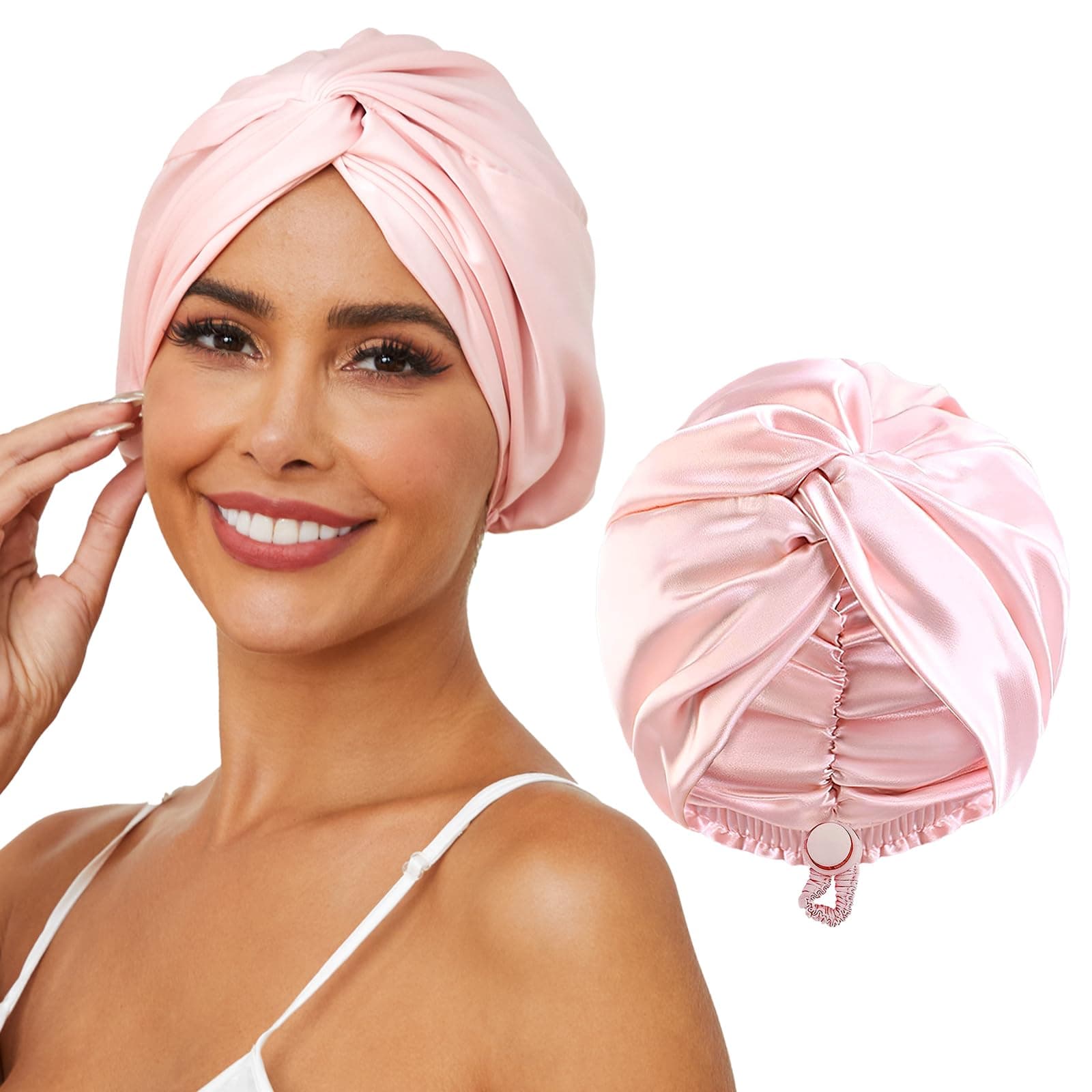 Adjustable Silk Satin Hair Bonnet for Sleeping, Double Layer Hair Wrap Sleep Cap Turban for Women Men, Curly Straight Long Large Braid Unisex (Royal Pink)
