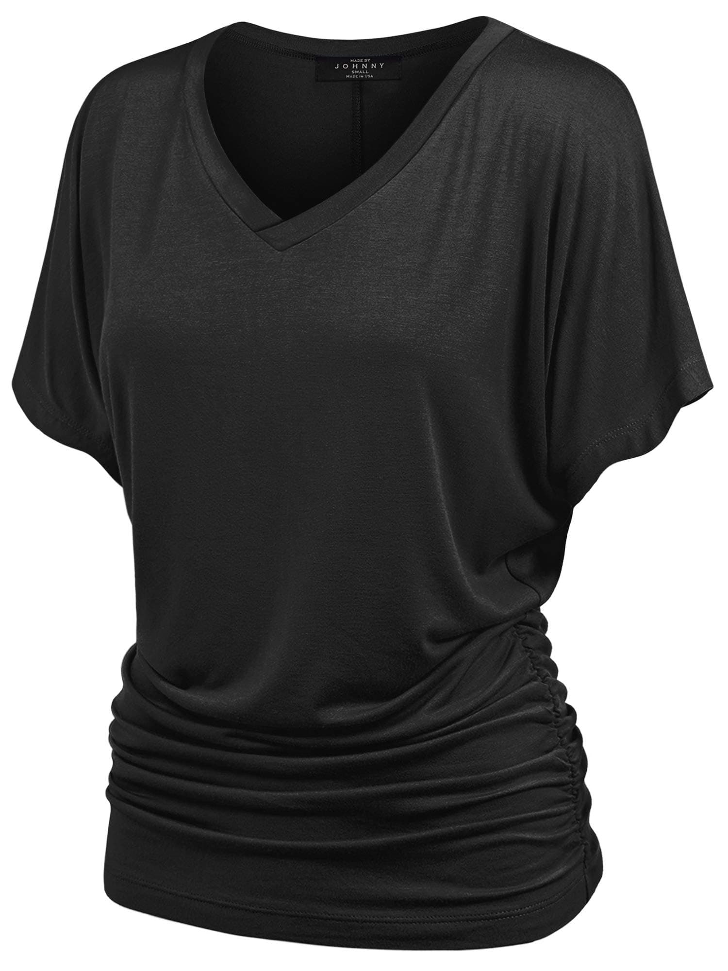 Made By JohnnyWomen's Casual Solid Short Sleeve Boat Neck/V Neck Dolman Top T Shirt with Side Shirring