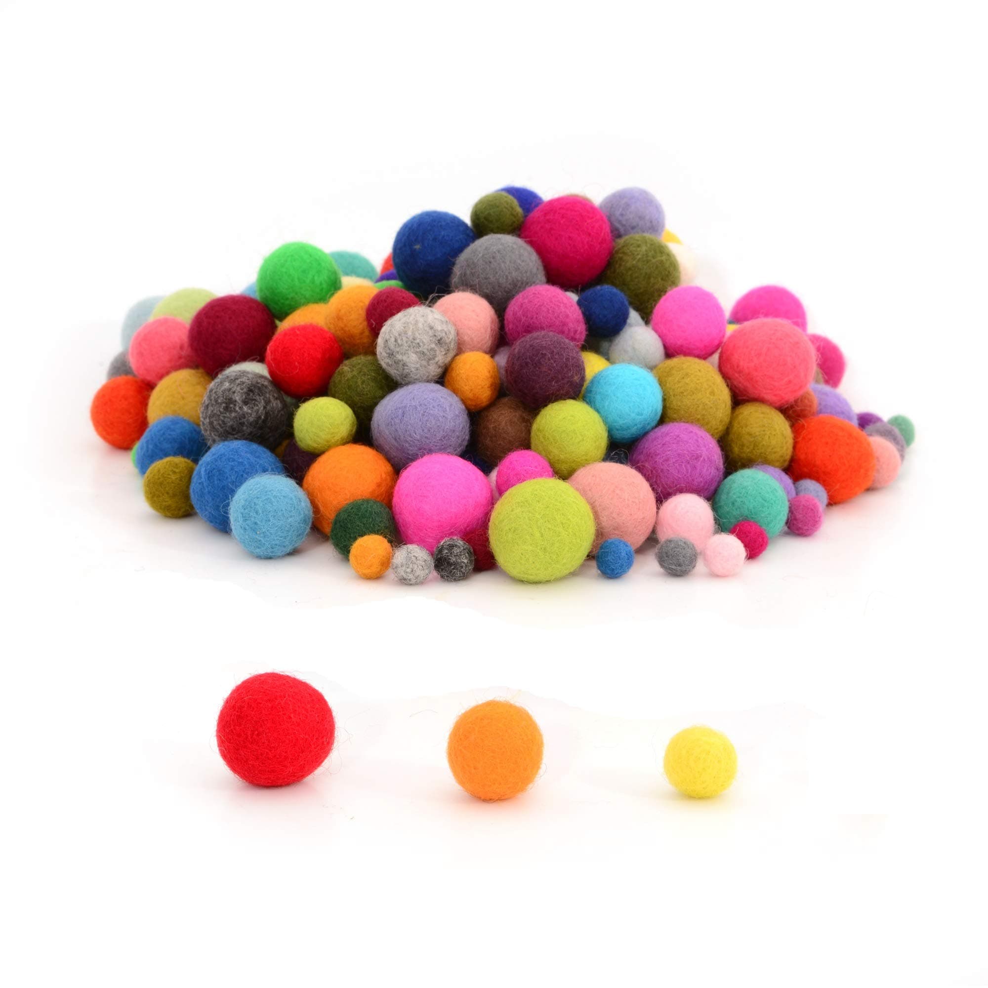 Glaciart One Felt Pom Poms, Wool Balls (120 Pcs) 3 Sizes: 1.5 cm, 2 cm & 2.5 cm, Handmade Felted 40 Color (Red, Pink, Blue, Orange, Yellow, White, Pastel & More),Bulk Small Puff for Felting &Garland