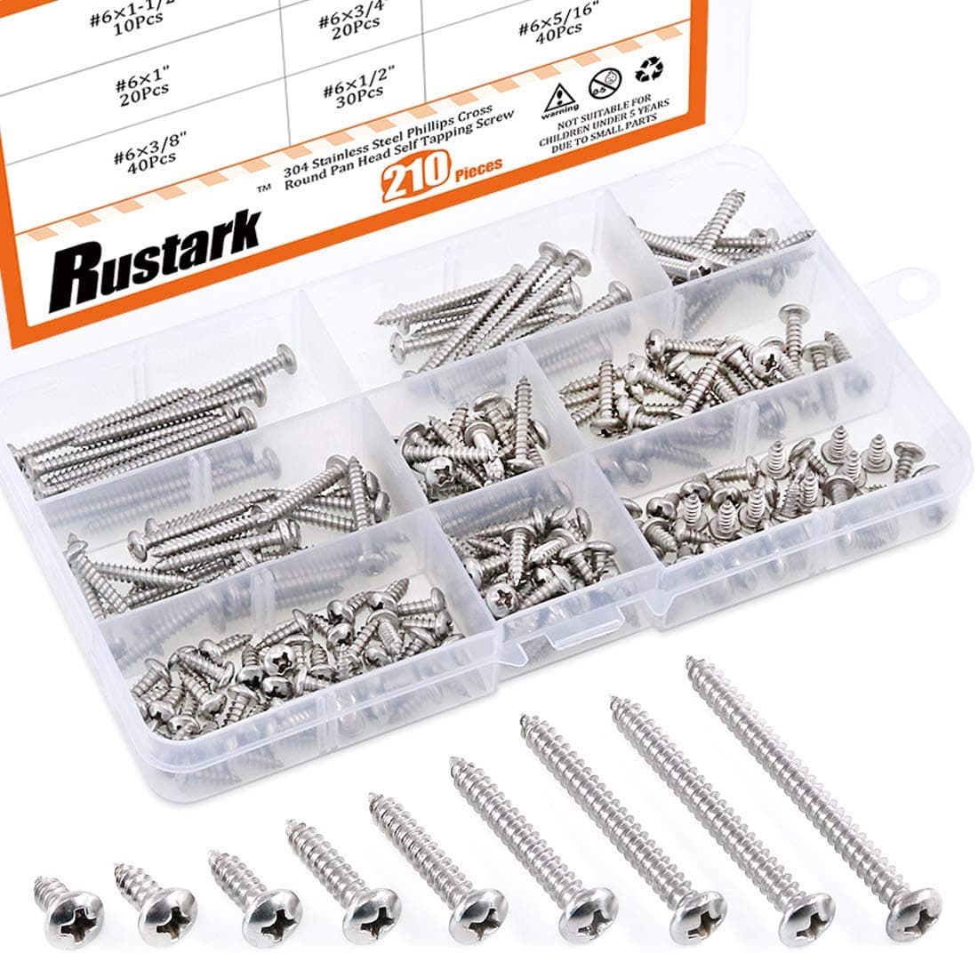 210-Pcs [# 6 5/16'' to 1-1/2''] 304 Stainless Steel Round Pan Head Phillips Cross Wood Screws Drive Self Tapping Drilling Screws Assortment Kit