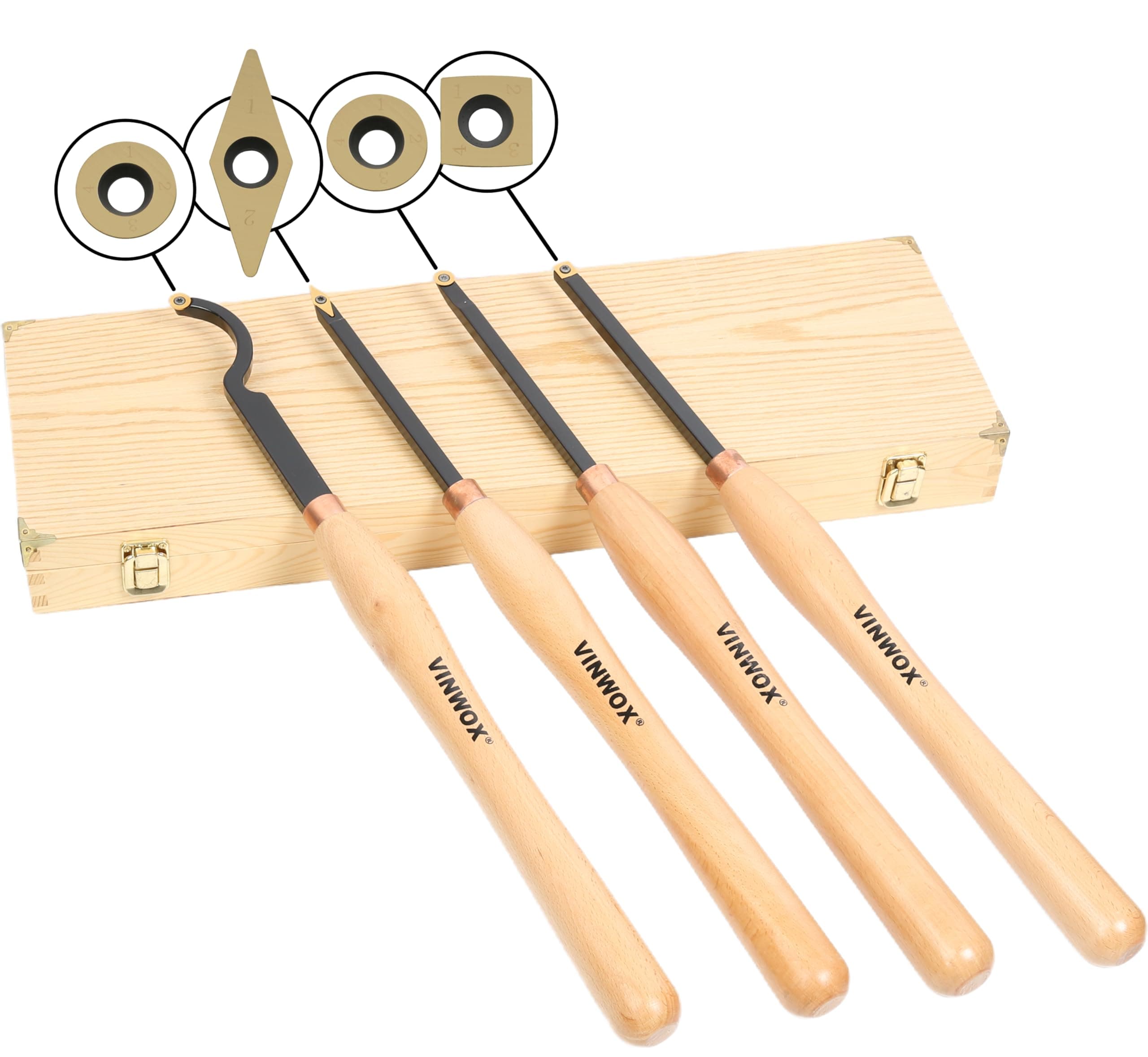20" Full Size 4 PCS Carbide Wood Lathe Turning Tool Set, Including Swan Neck Hollower, Rougher, Finisher, Detailer, Titanium Coated Carbide Blades 2X Extended Service Life, Beech Wood Handle