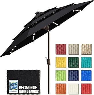 USA 10-Year-Non-Fading Solar 9ft 3 Tiers Market Umbrella with 80 LED Lights Patio Umbrellas Outdoor Table with Ventilation,Black