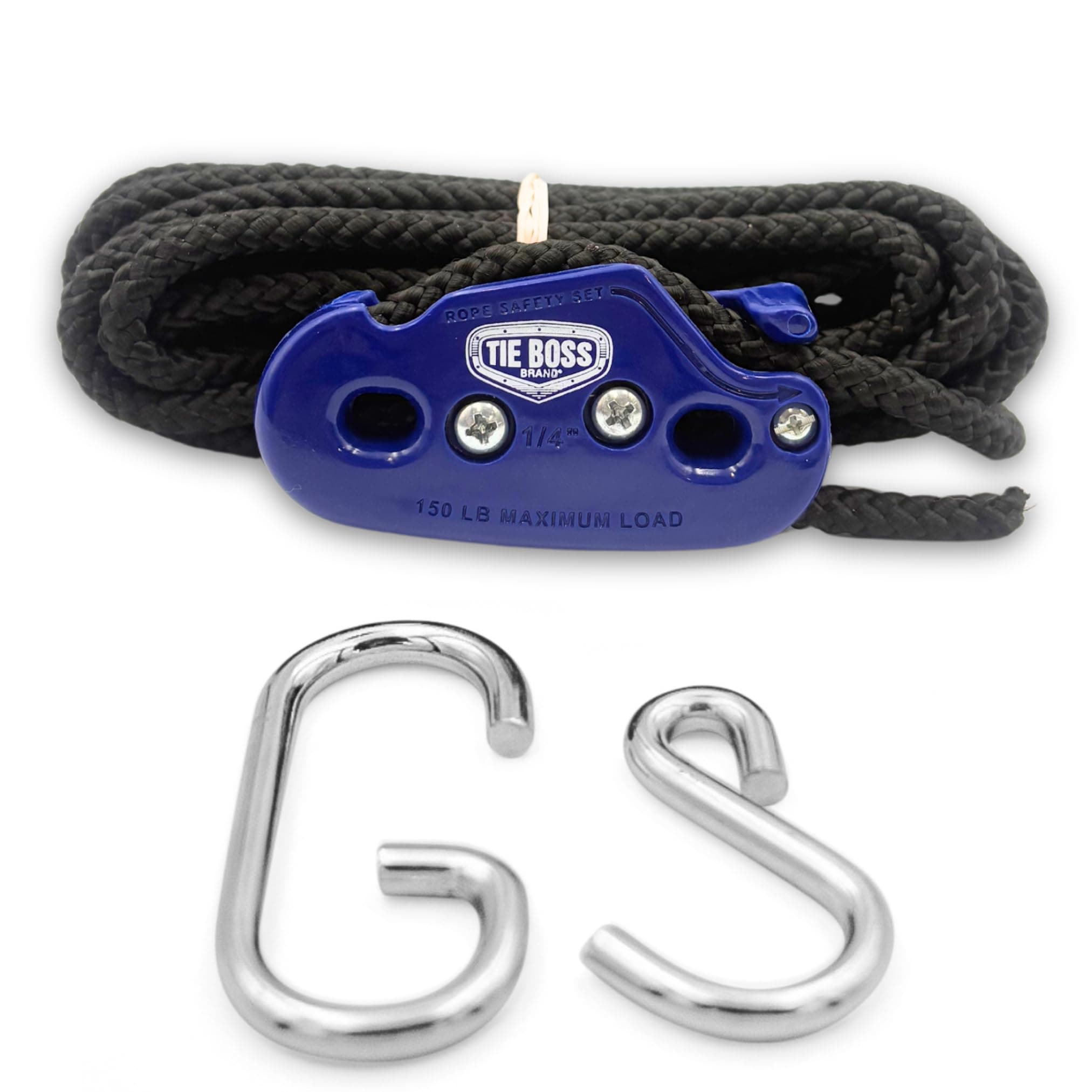 Tie Boss - 1/4 Inch, Medium Duty, (150 lbs Working Load Limit), Weather Resistant, Tie Down, Rope Tightening System, (w/15 ft Rope) (Pack of 1) (Blue)