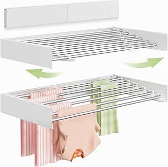 Wall Mounted Clothes Drying Rack 40 inches, Foldable Wall Mount Laundry Rack Folding Indoor, Drying Rack Clothing Collapsible, Hidden Space Saver with Wall Template, 6 Rods, White