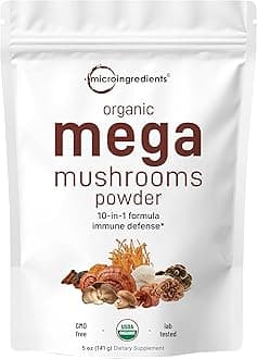 Micro IngredientsOrganic Mega Mushroom 10 in 1 Complex Formula Powder for Immune System Booster, 5 Ounce (141 Days Supply), Chaga, Lions Mane, Cordyceps, Shiitake, & More | Filler Free, Vegan