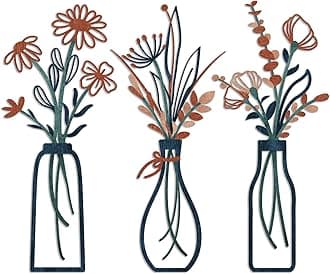 Pigort 3 Pieces Metal Flowers Wall Arts - Rustic Farmhouse Decor Minimalist Flower Wall Decors for Living Room Bathroom Bedroom Dining Room-Housewarming Gifts