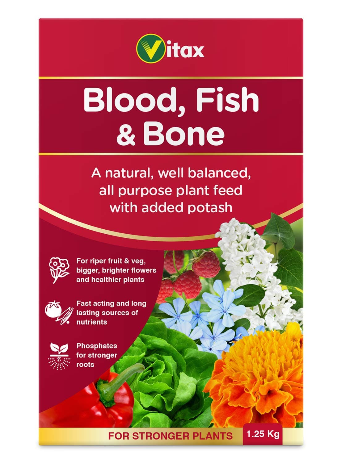 Vitax Blood Fish & Bone, Organic-Based, General Purpose Fertiliser, Suitable For Fruit, Vegetables & Flowers, Slow Release, Promotes Root Growth- 1.25Kg