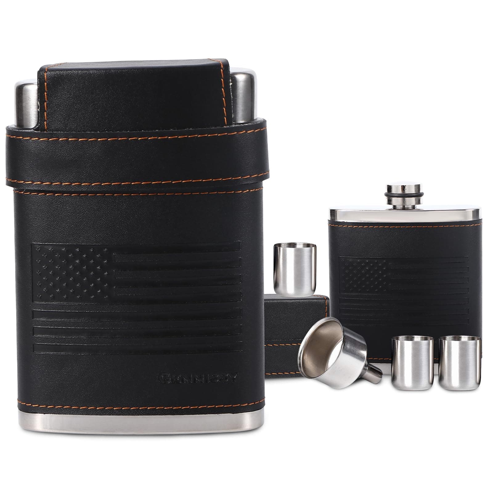 GENNISSY 8oz Hip Flask for Men - 304(18/8) Stainless Steel Bourbon Whiskey Flask, Leakproof with American Flag Leather Wrap - Includes Funnel & 3 Mini Cups for Gifts Travel