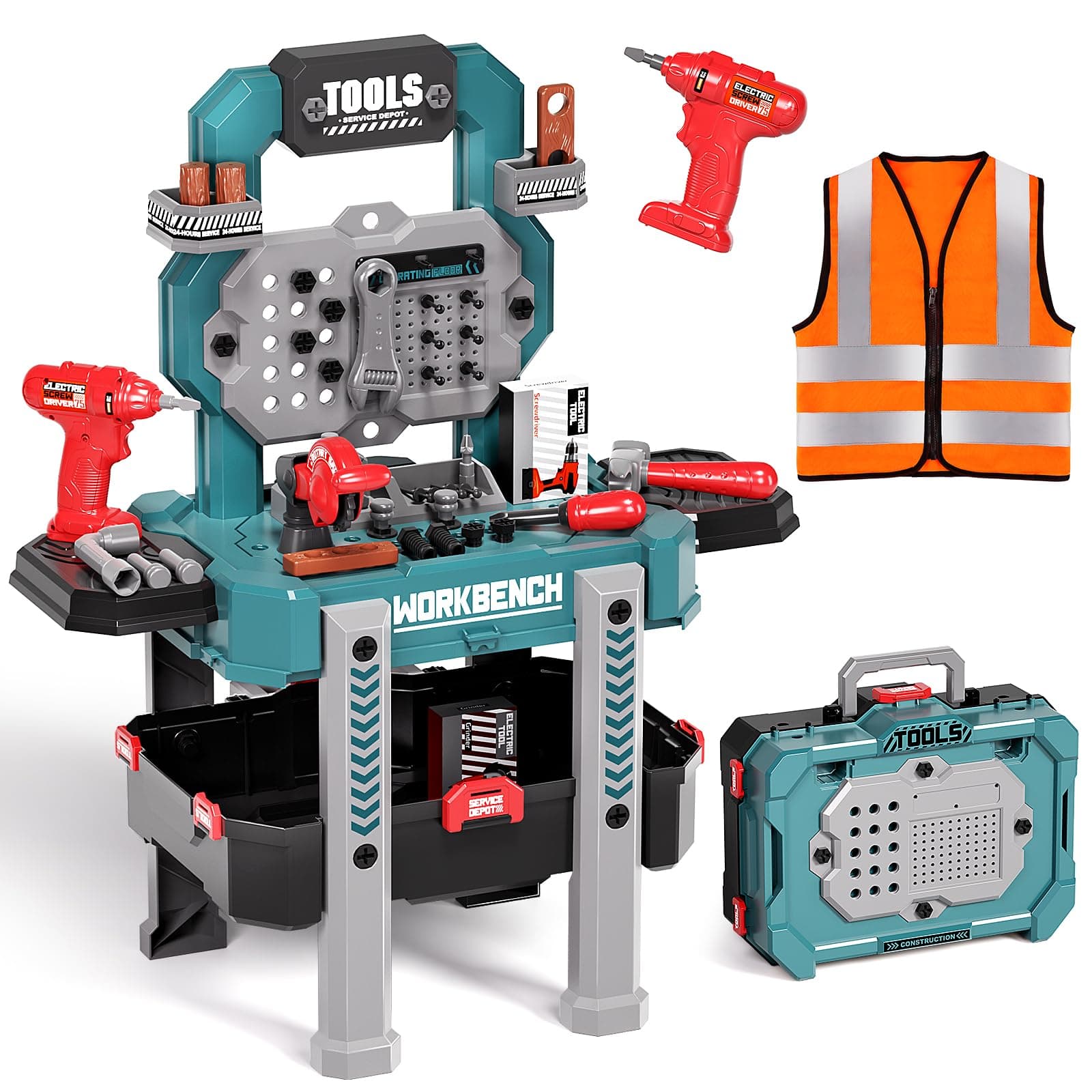 Deejoy Kids Tool Bench with Realistic Tools and Electric Drill, 79 Pcs Realistic Toy Tools with Clothes, Toddler Tool Bench Learning Gift for Boys & Girls Age 3-5 (Green) 32x26.6x14.4 in