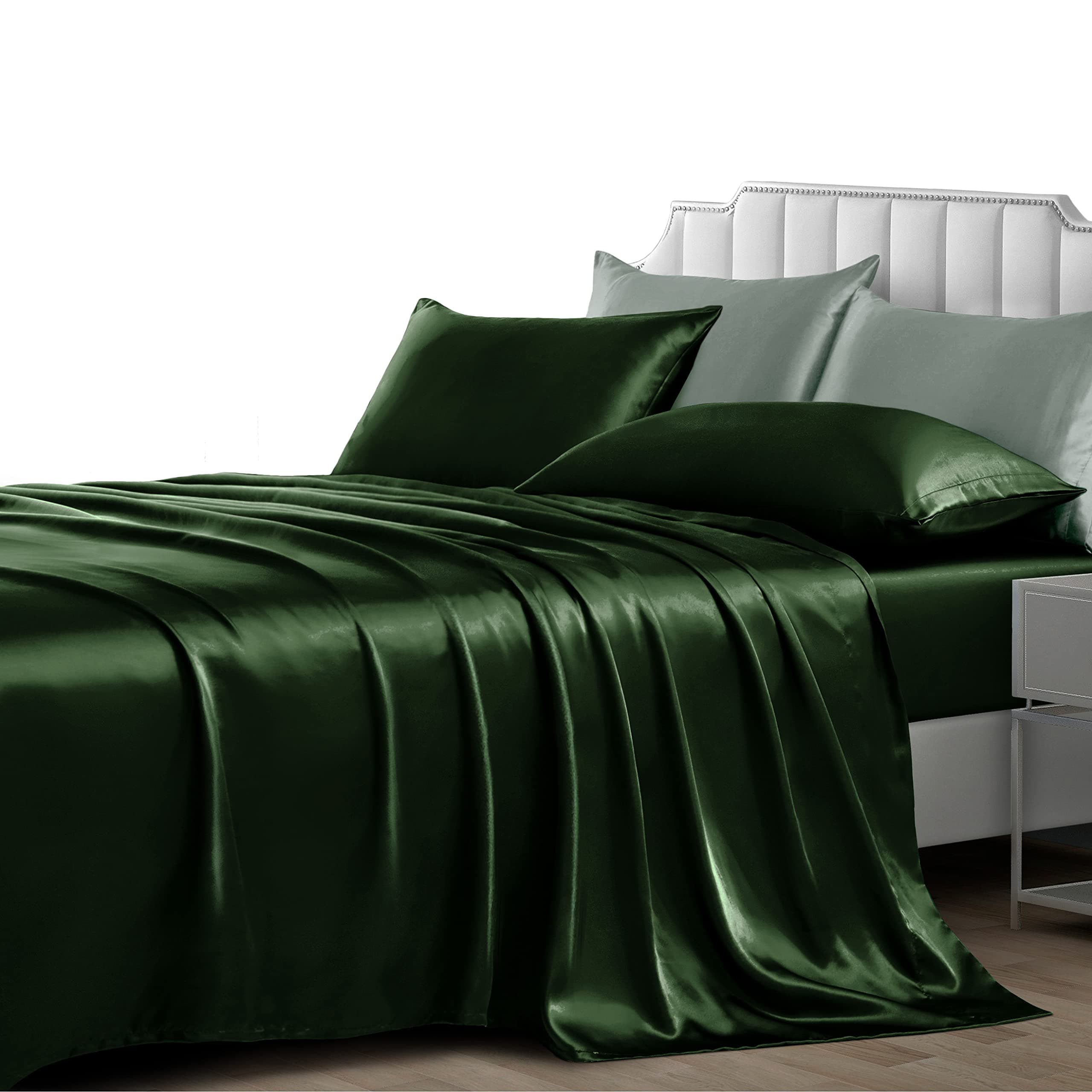 NSGZ 4 Pieces Satin Sheets King, Silky Satin Sheet Sets with 1 Fitted Sheet, 1 Flat Sheet and 2 Pillowcases, Cooling Bed Sheet, Extra Soft Satin Fitted Sheet, Dark Green