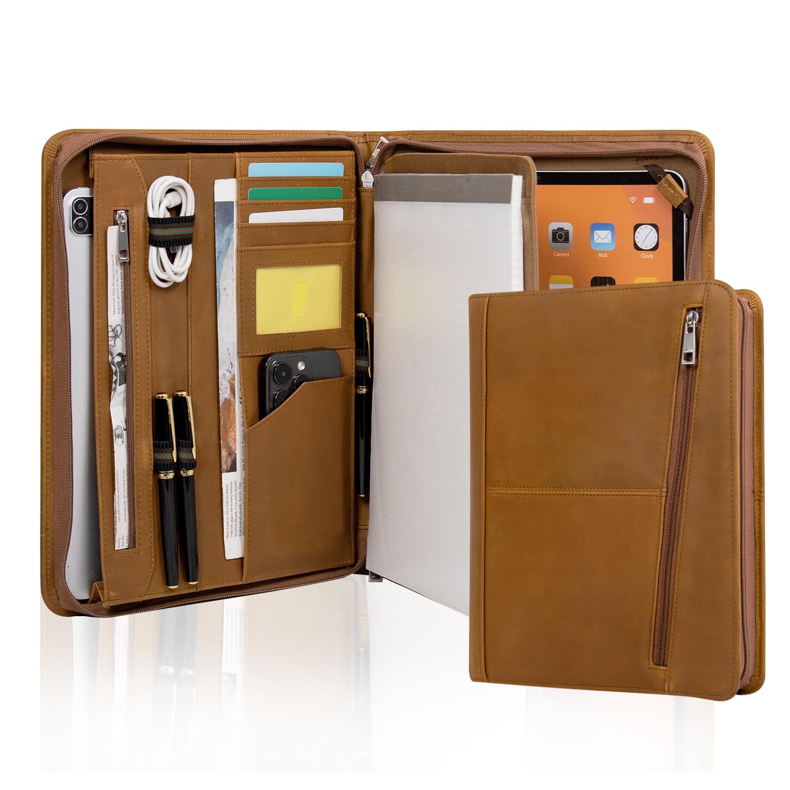 Leather Portfolio Organizer for Men, Professional Padfolio Folio with A4/Legal Pad Holder, Business Resume Zippered Portfolio, Tablet Case for iPad Pro 12.9", Gift for Women/Men, Brown