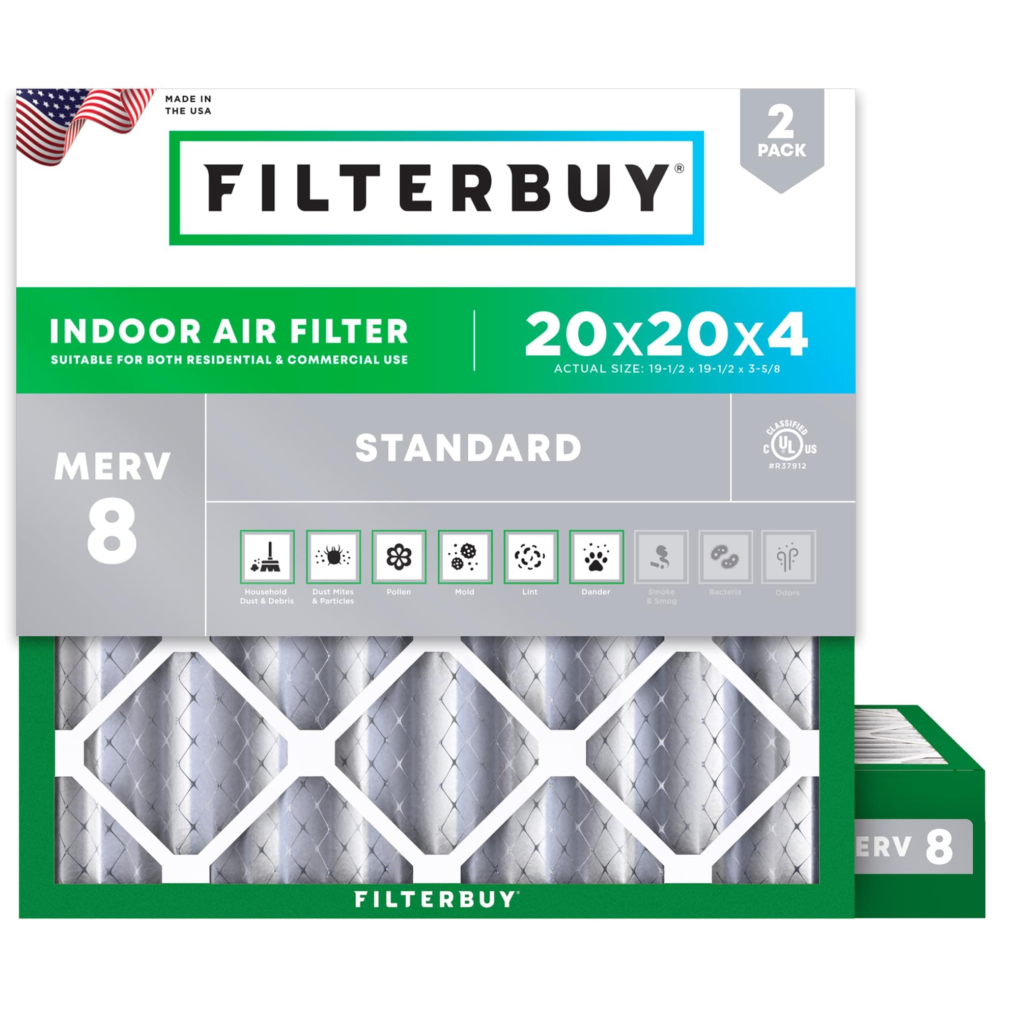 Filterbuy 20x20x4 Air Filter MERV 8 Dust Defense (2-Pack), Pleated HVAC AC Furnace Air Filters Replacement (Actual Size: 19.38 x 19.38 x 3.63 Inches)
