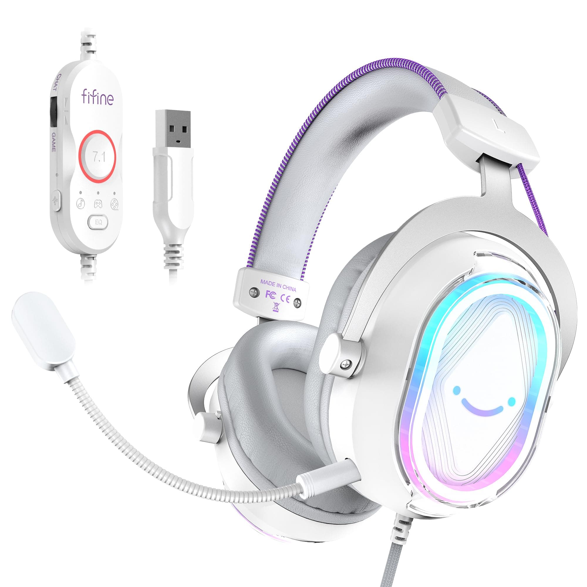 FIFINE USB Gaming Headset: Flowing RGB Lighting - 7.1 Surround Sound - Detachable Mic - Soft Ear Pads, Over-Ear Headset with Control Box, for PC, Laptop, Mac, PS5/PS4 - AmpliGame H13WP (White&Purple)