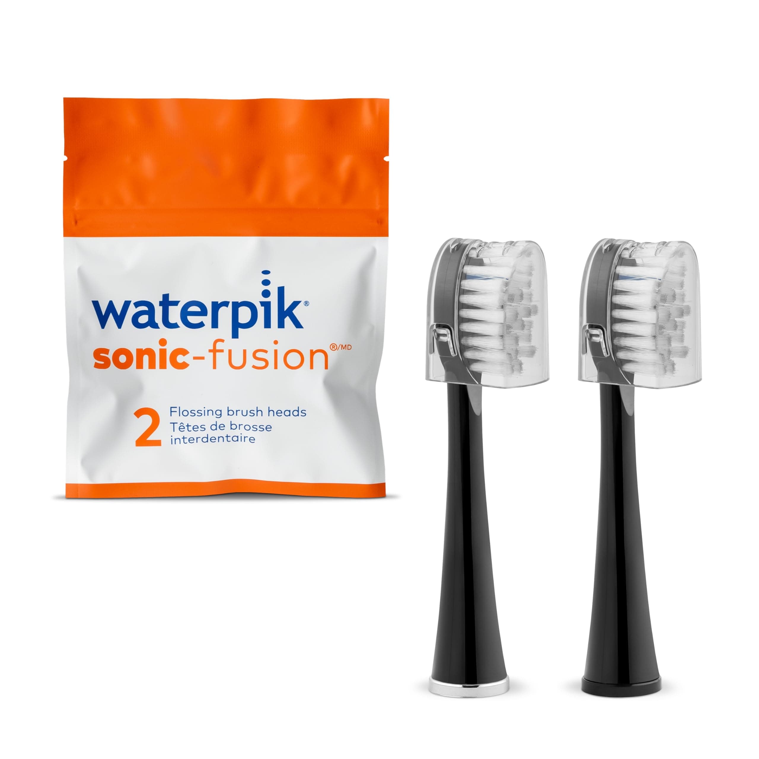 Waterpik Full Size Replacement Brush Heads with Covers for Sonic-Fusion Flossing Toothbrush SFFB-2EB, 2 Count Black