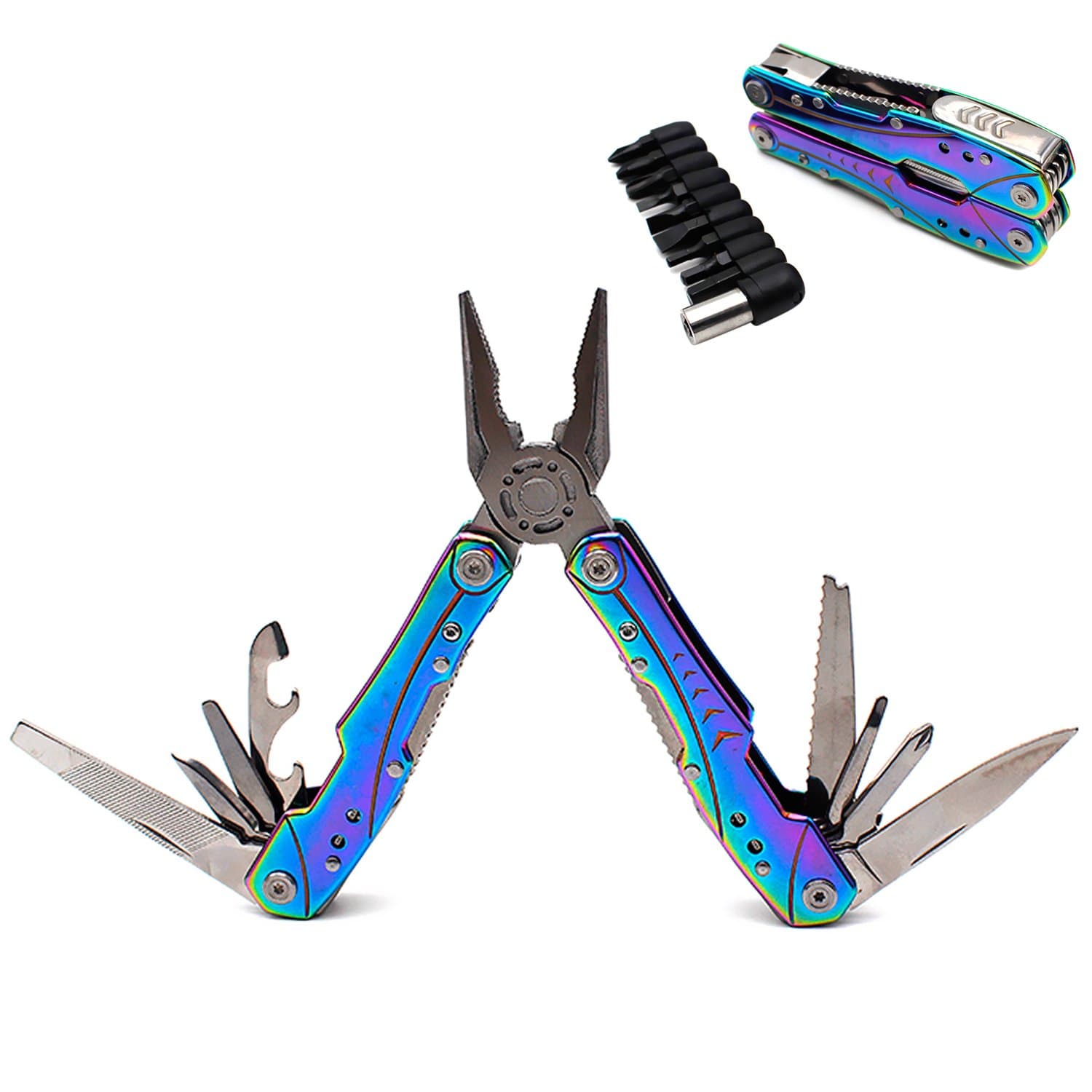 Unique Multitool Pliers Stainless Steel- 14-in-1 Multitool for Women Hunting, Hiking, Camping, Fishing, Outdoor Survival with Multi Knife Sheath/Rainbow Handle/Folding Pliers(Rainbow)