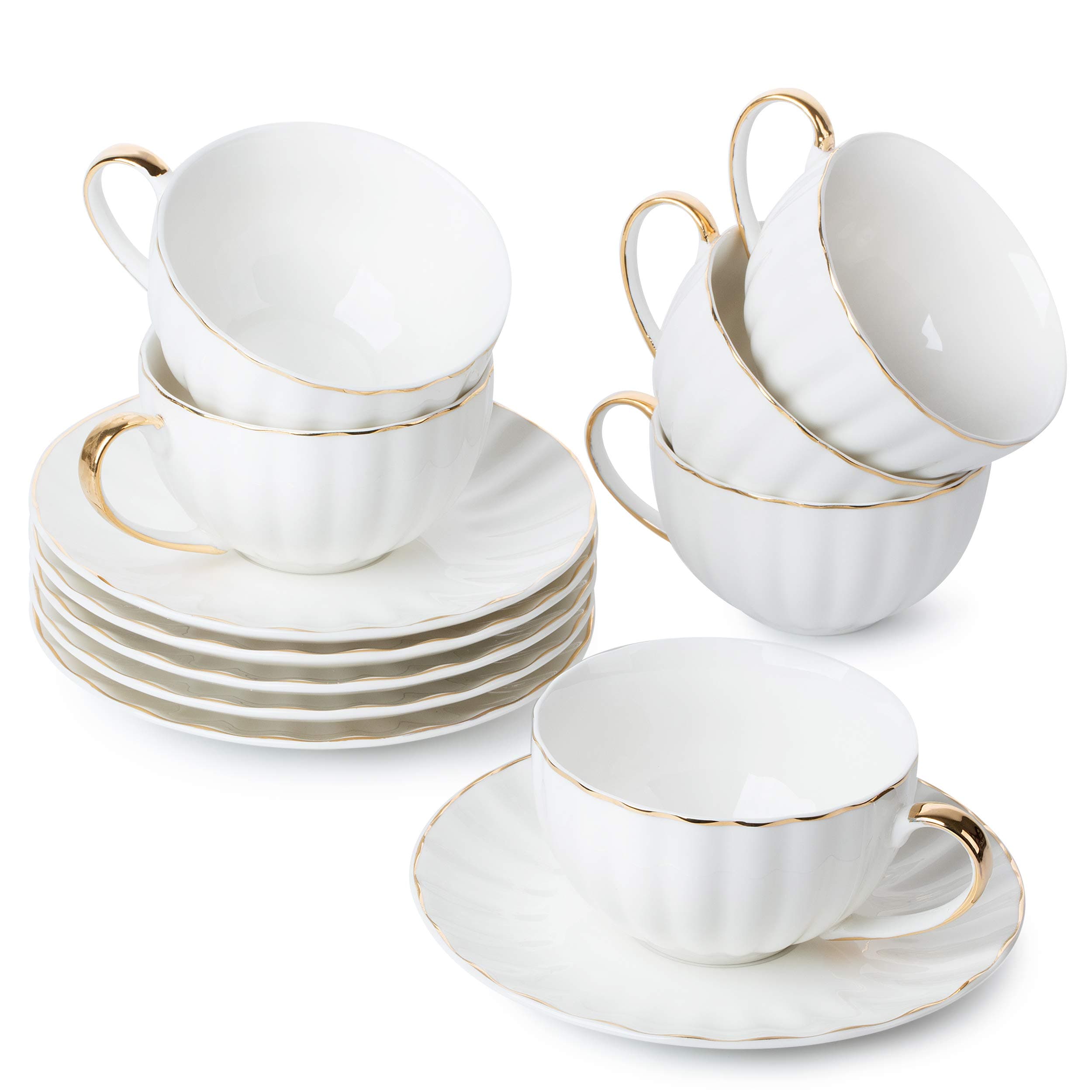 Brew To A Tea BTaT- Cups and Saucers, Set of 6 (7 oz) with Gold Trim and Gift Box, Cappuccino Cups, Coffee Cups, White Cup Set, British Coffee Cups, Porcelain Set, Latte Cups