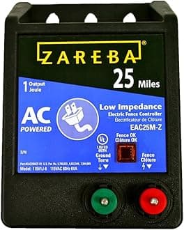 - Zareba 25 Mile AC Powered Low Impedance Electric Fence Charger - Plug In Fence Charger - Contain Bulls, Cattle, Dogs, Exotics, Horses & More - Keep Predators Out - EAC25M-Z