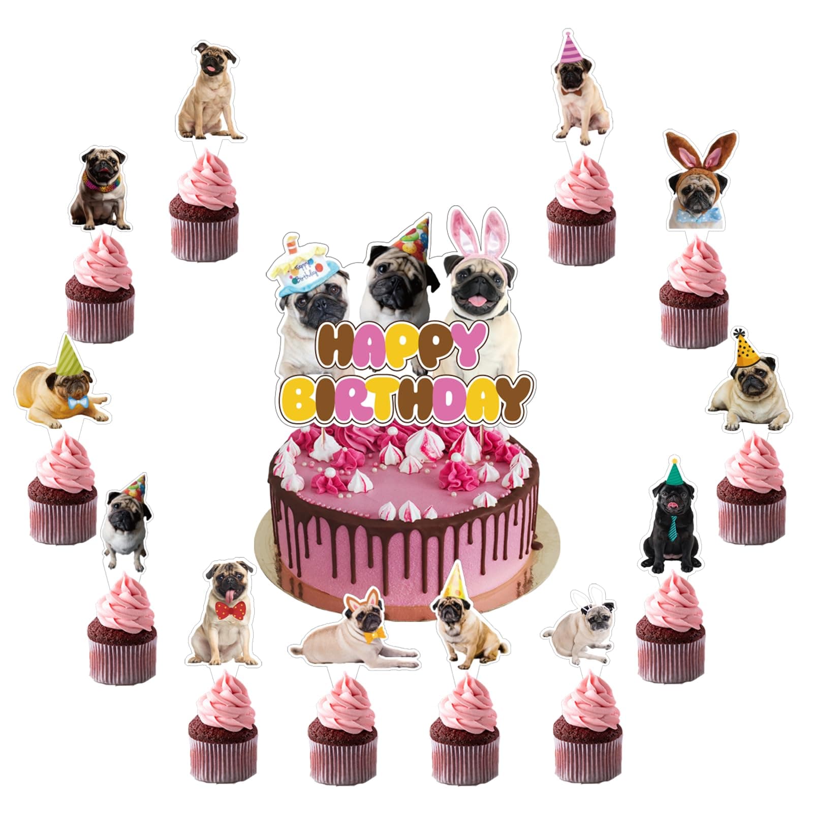 25 Pcs Pug Cake Decorations Pug Cake Topper Cupcake Toppers for Pug Dog Birthday Decorations Pug Party Decorations Birthday Party Supplies