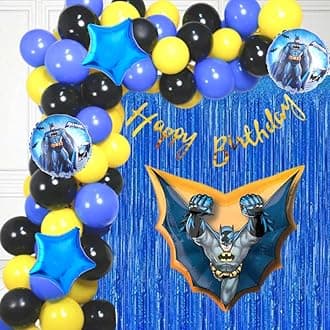 Party Town Batman Theme Decoration Combo for Boys and Girls Birthday With Metallic Balloons, Foil Stars, Balloon Arc, Glue Dots - Pack of 70