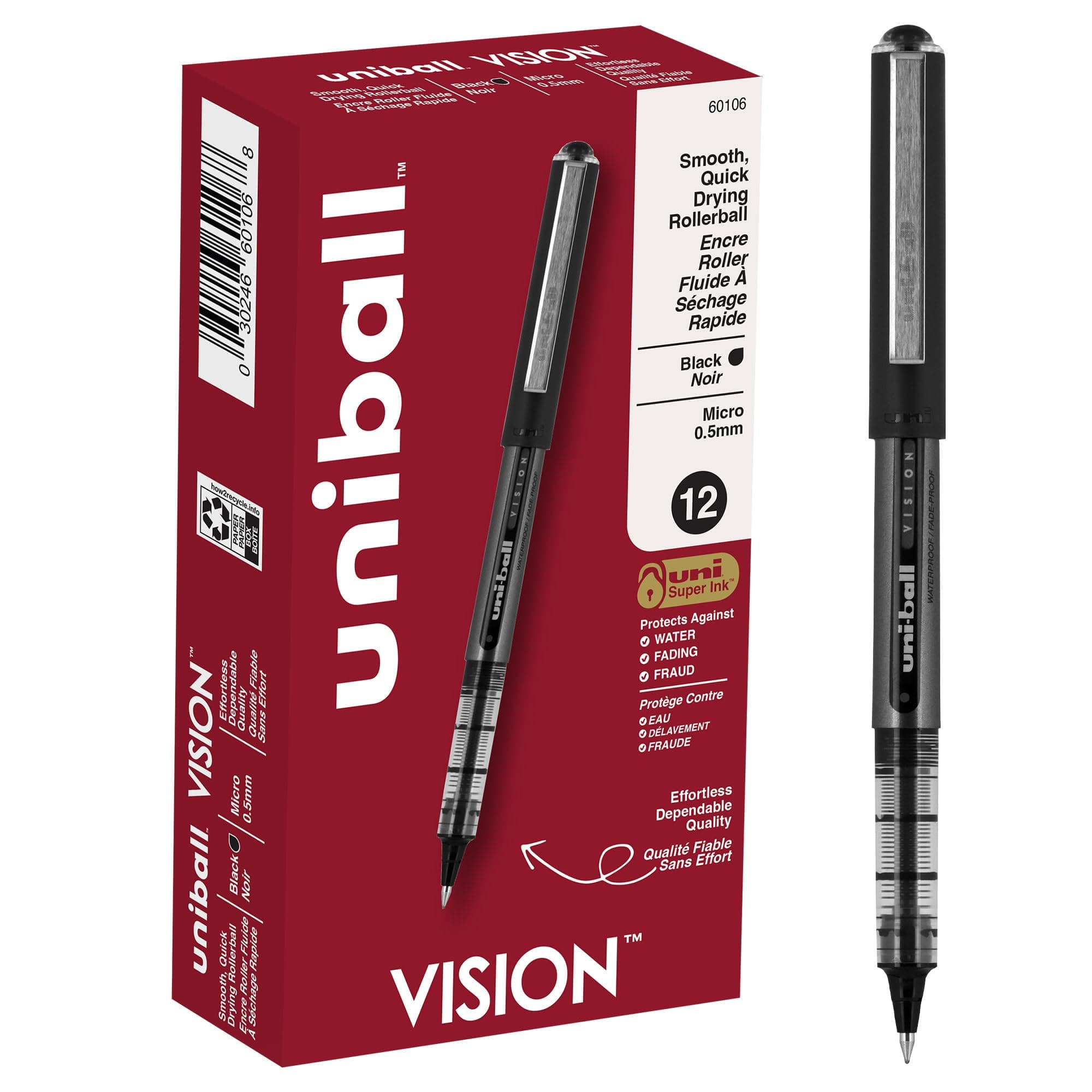 Uniball Vision Rollerball Pen - 12 Pack, Black Pens, 0.5mm Micro Tip Size - Smooth Writing Japanese Pens, School Supplies