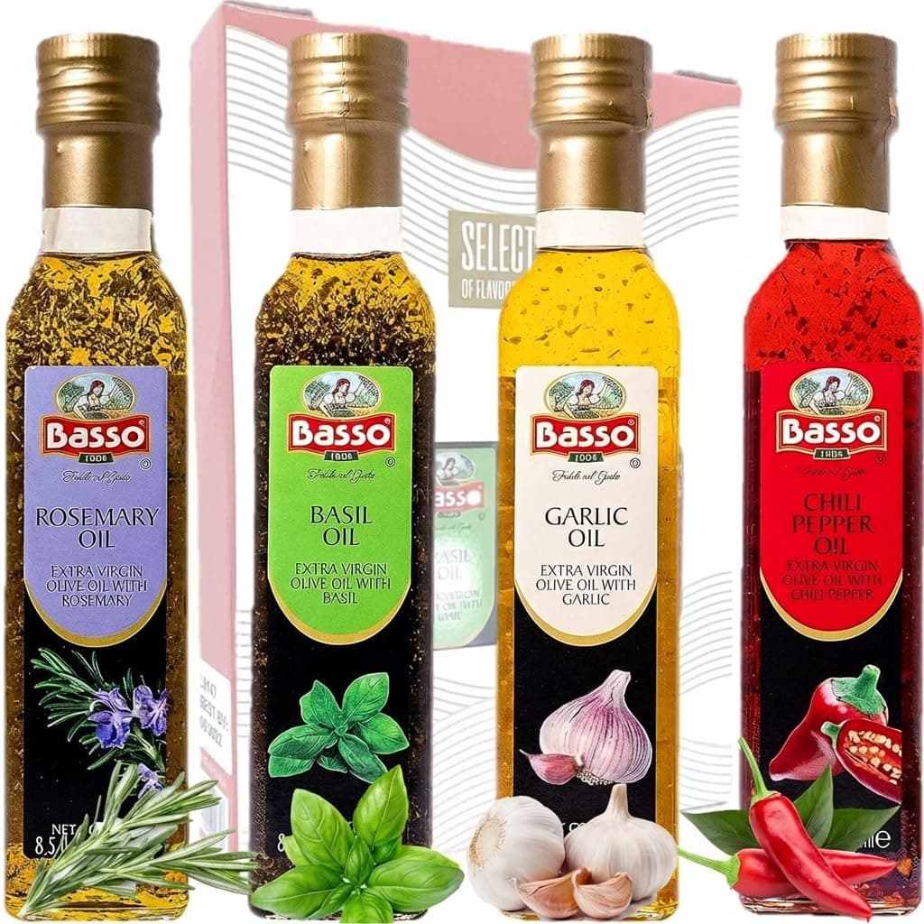 BASSO 1904 - Infused Extra Virgin Olive Oil Gift Box Set, First Cold Pressed, Variety Pack, 4 bottles x 8.5 fl.oz (250ml), Naturally Infused for Dipping & Tasting