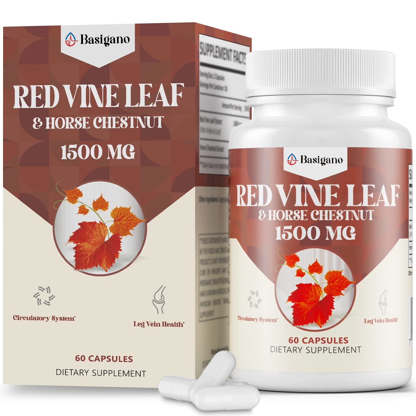 Red Vine Leaf & Horse Chestnut Extract Capsule Supplements (Vitis Vinifera) 1500mg -Premium Extract for Healthy Veins, Circulation, Heart, Skin (1 Pack)
