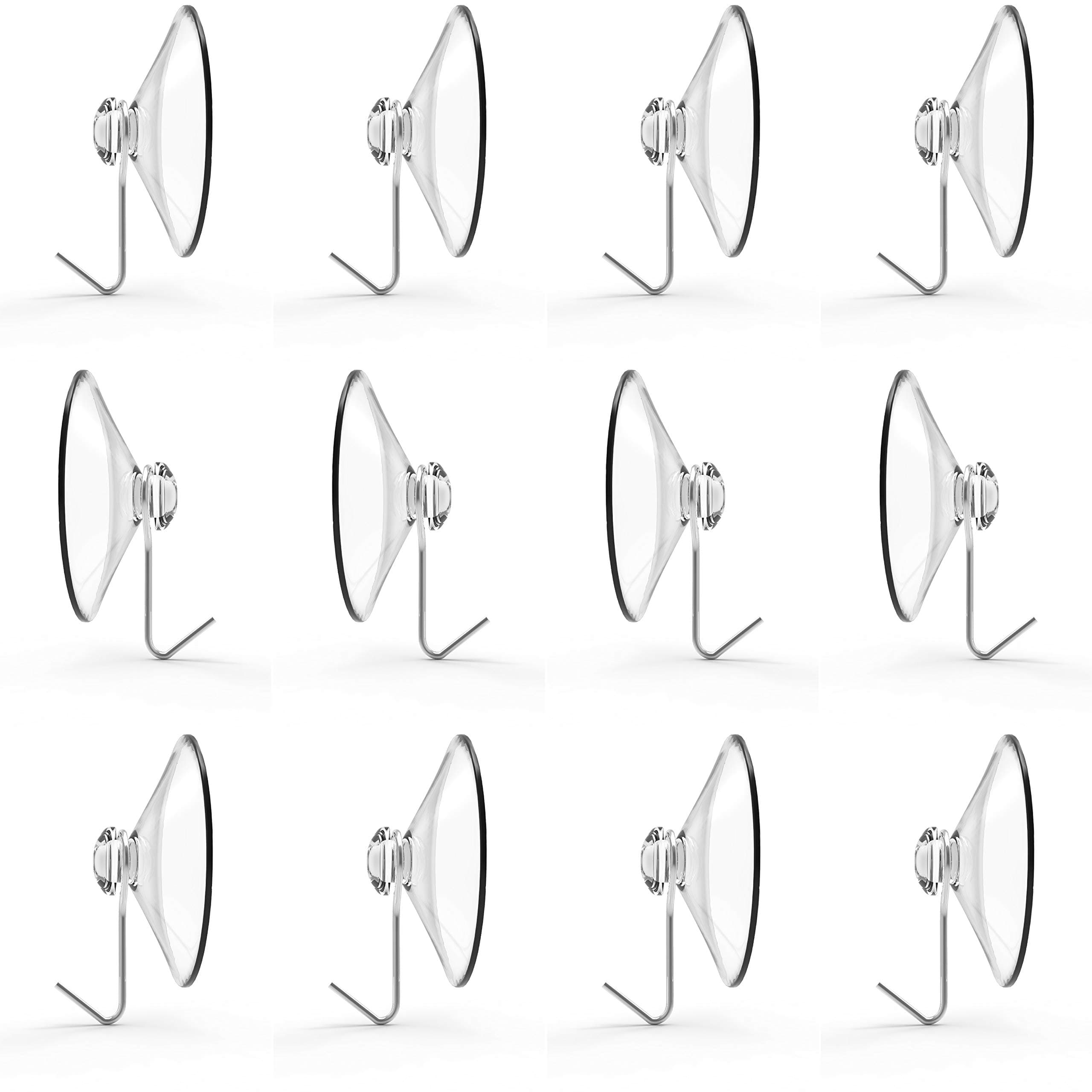 Suction Cup Hooks, Set of 12, 2" Clear Heavy Duty Cups W/Stainless Hook, Best for Bathroom, Kitchen & Windows - Super Strong Pads Makes Them Ideal for Outdoor Wreaths & Bird Feeders (12)