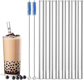 Borosilicate Glass Boba Straws Reusable, long 10 Inch 14mm Extra Wide Glass Straws Shatter Resistant Clear Jumbo for Drinking Bubble Tea, Milkshakes and Smoothies, BPA Free & Eco Friendly