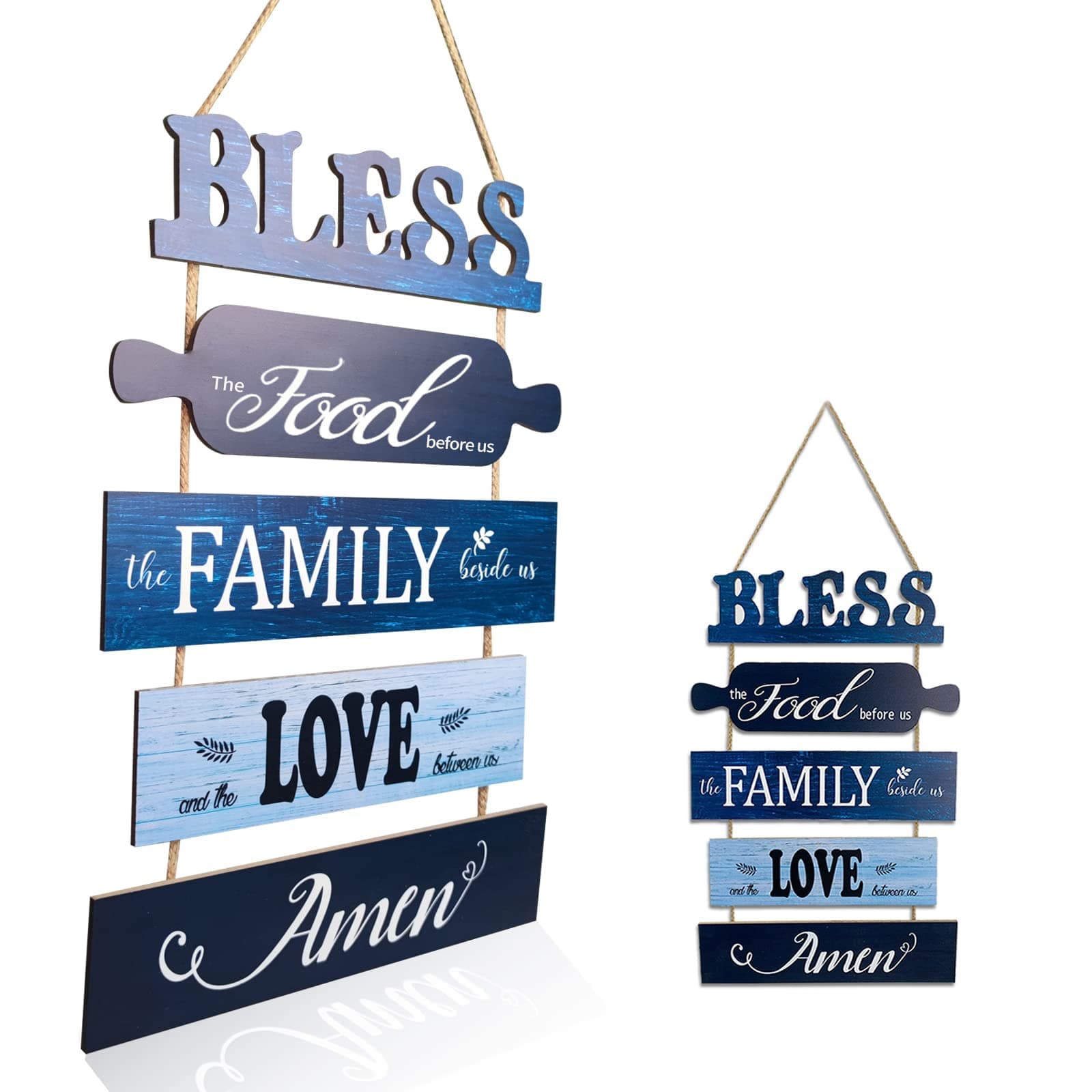 Bless the Food Before Us for Kitchen Signs Wall Decor, Navy Blue Rustic Dining Room Decorations, Decorative Country Vertical Wood Signs Plaques, Inspirational Wall Art for Living Room Bedroom