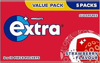 Wrigley's Extra Chewing Gum, Strawberry Flavour, 5 Packs of 10 Pieces, Sugar Free Chewing Gum Multipack with Xylitol (50 pieces)